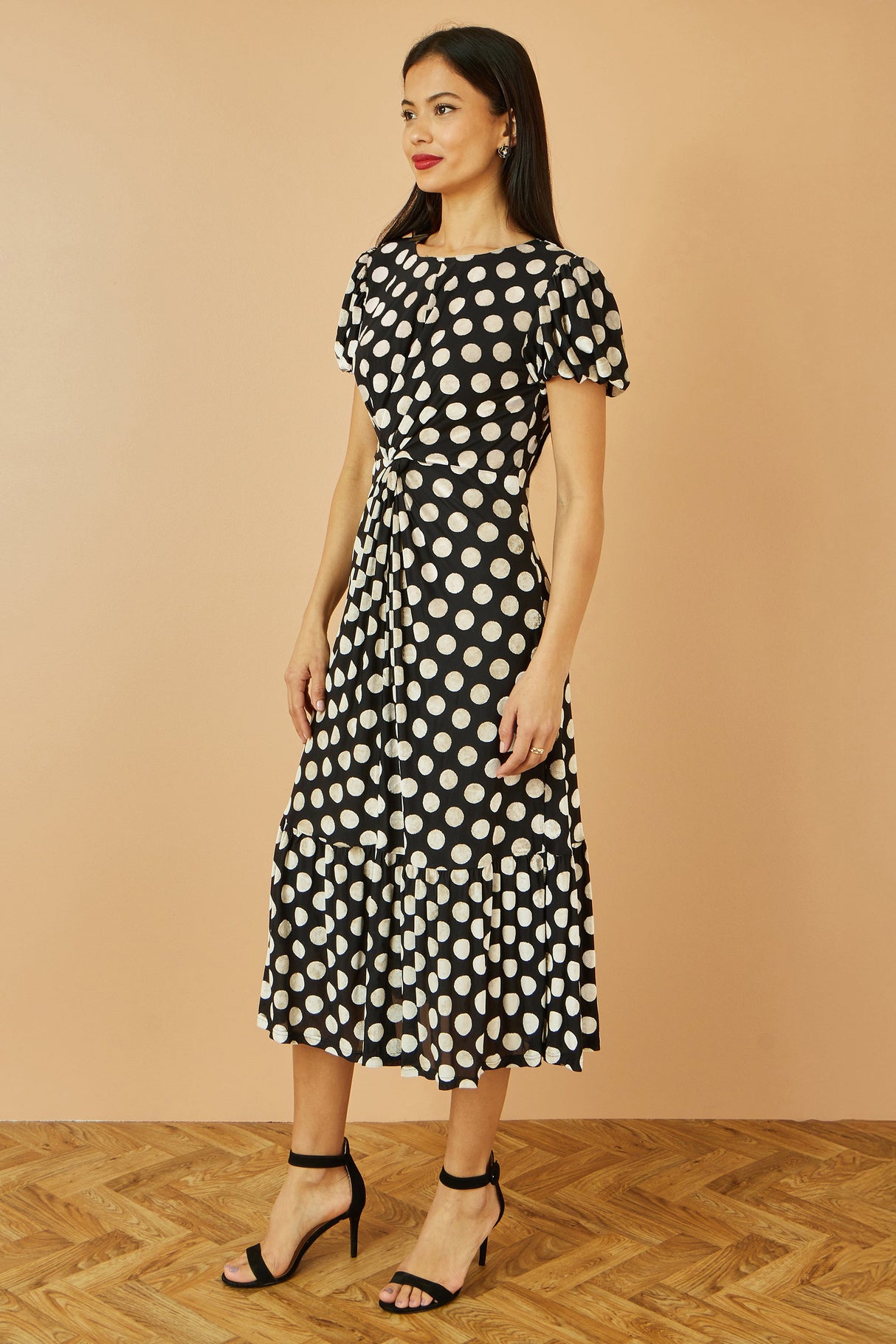 Yumi Black Velvet Spot Print Twist Knot Waist Midi Dress