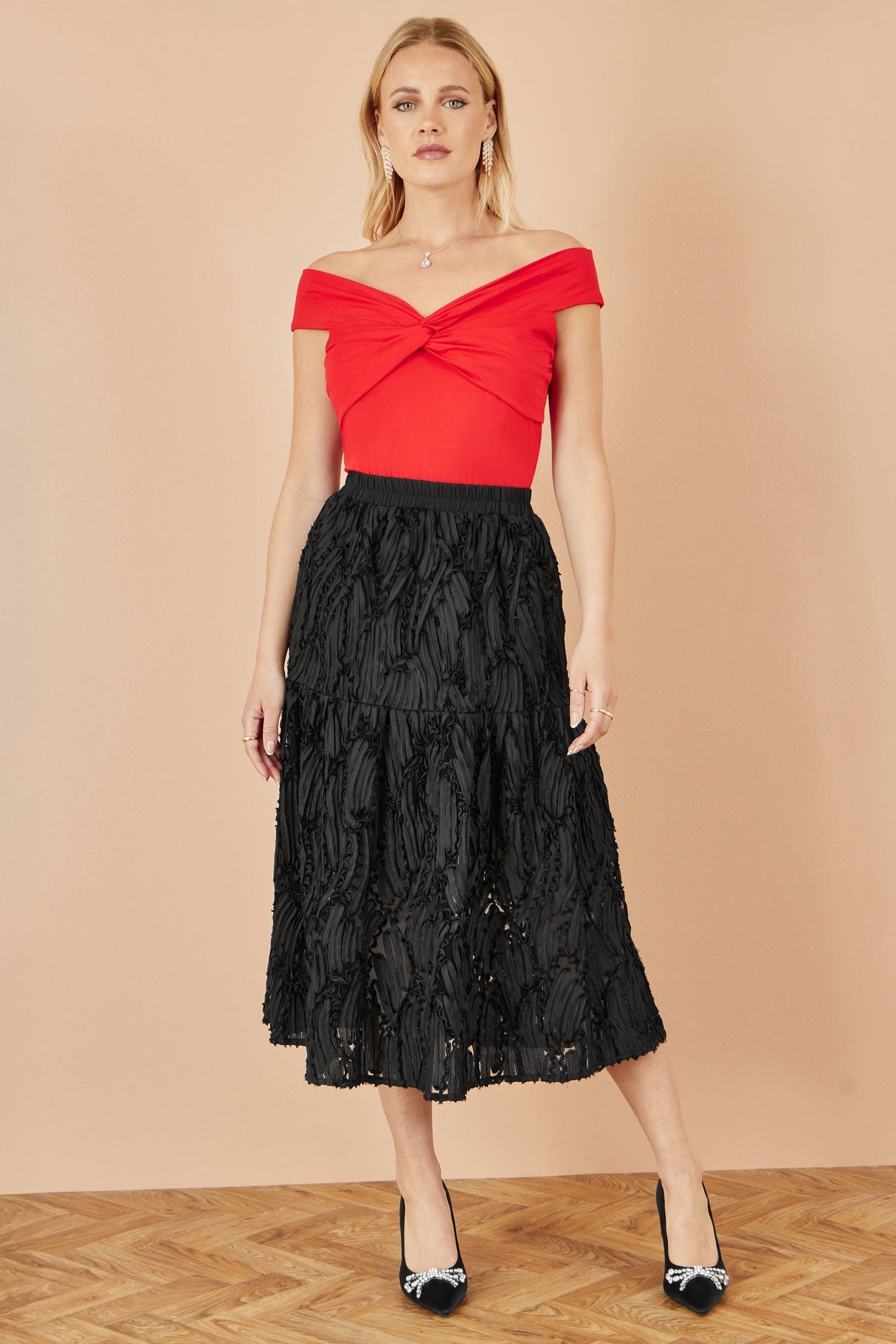 Yumi Black Mesh Applique Sequin Midi Skirt