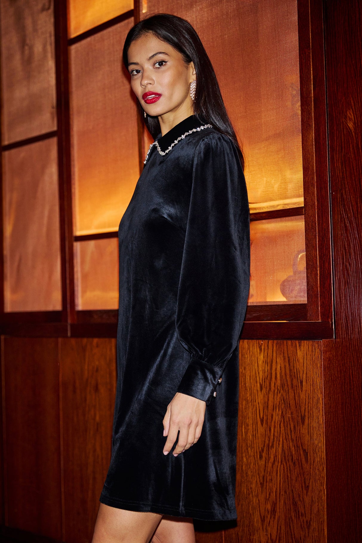 Yumi Black Long Sleeve Velvet Tunic With Diamante Collar