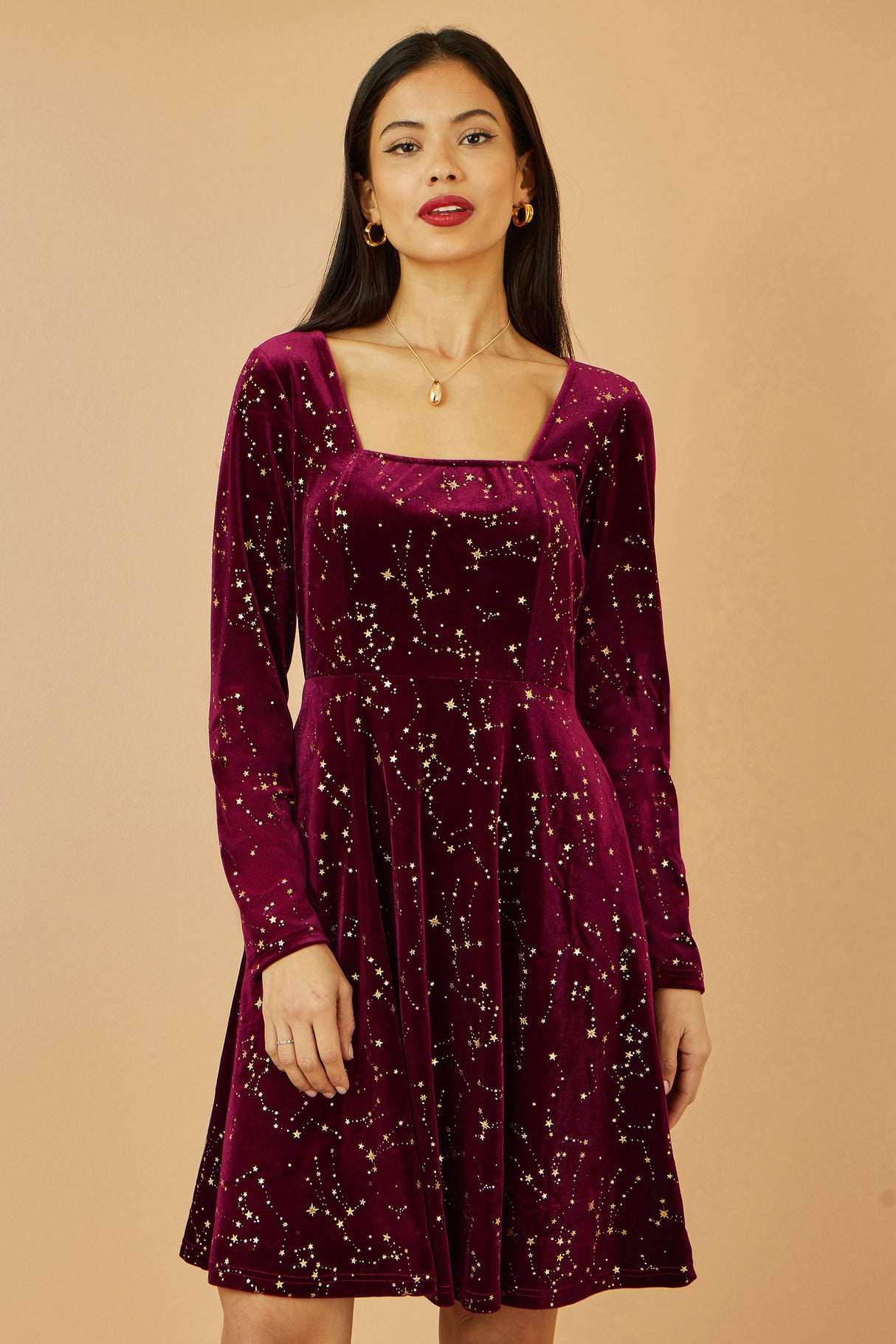 Yumi Burgundy Star Foil Print Long Sleeve Skater Dress