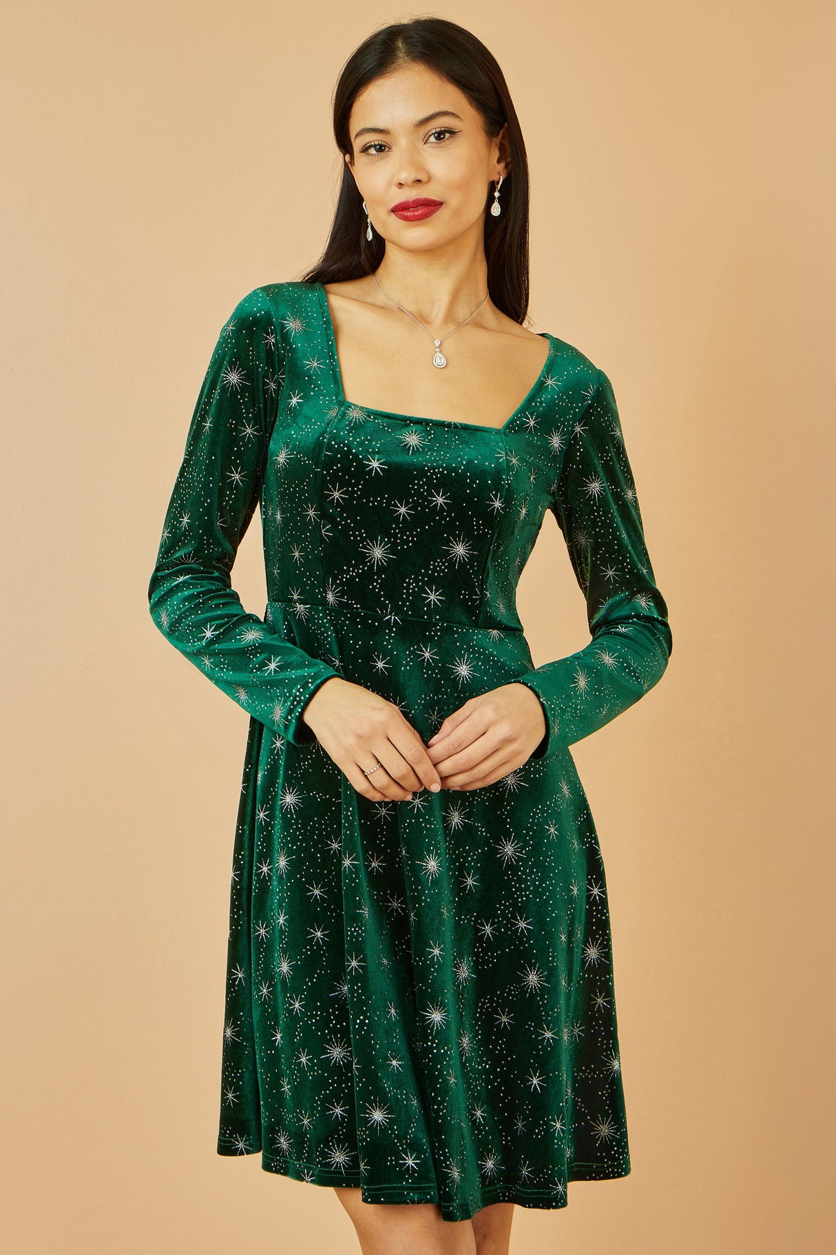 Yumi Green Starburst Foil Print Long Sleeve Skater Dress