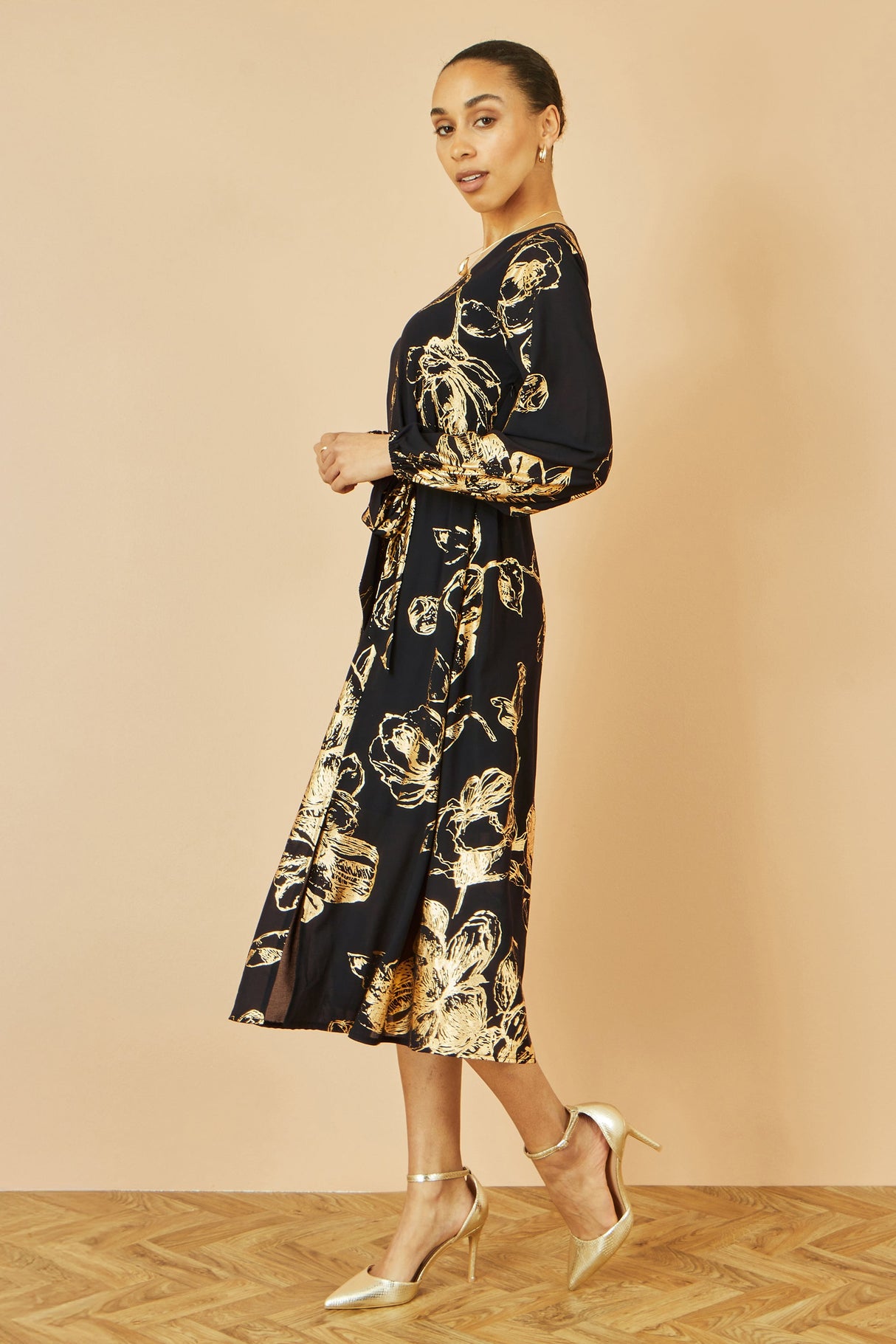Yumi Black Foil Rose Print Midi Dress