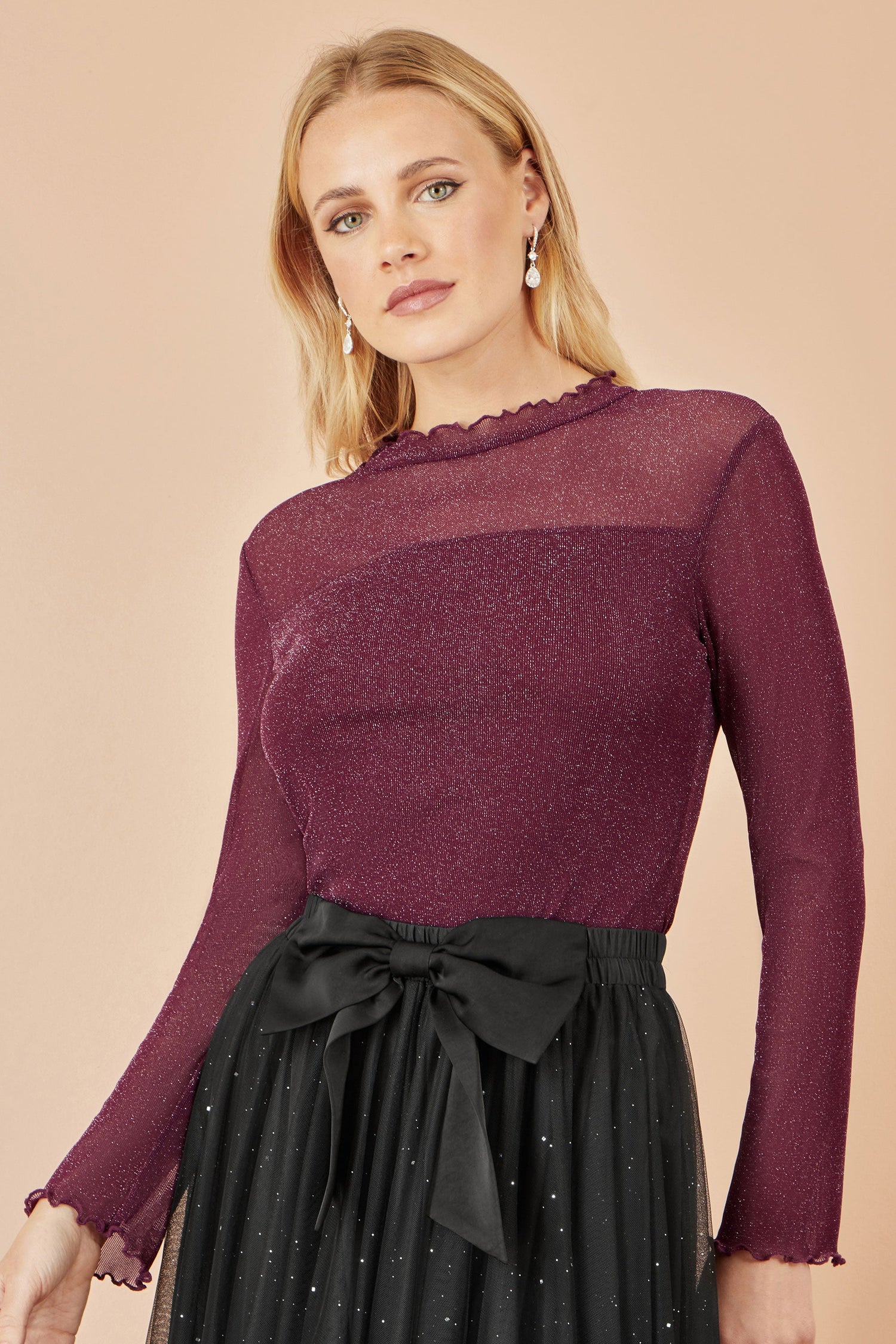 Yumi Burgundy Shimmer Print Mesh Stretch Fitted Top