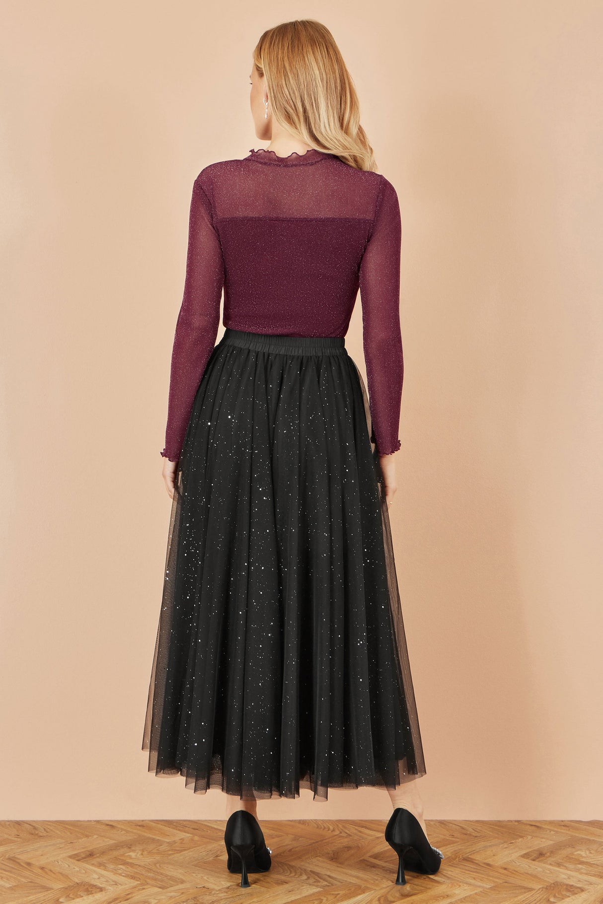 Yumi Burgundy Shimmer Print Mesh Stretch Fitted Top