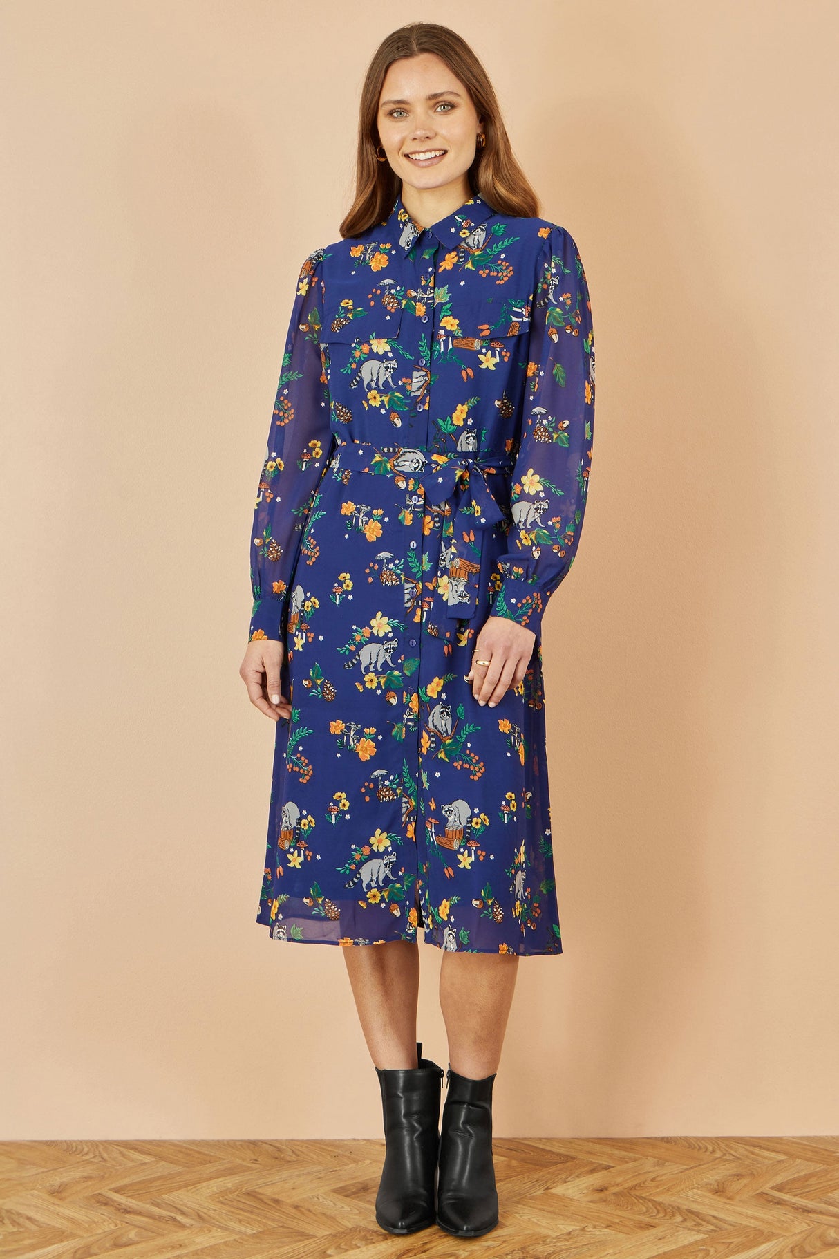 Yumi Recycled Navy Raccoon Print Shirt Midi Dress