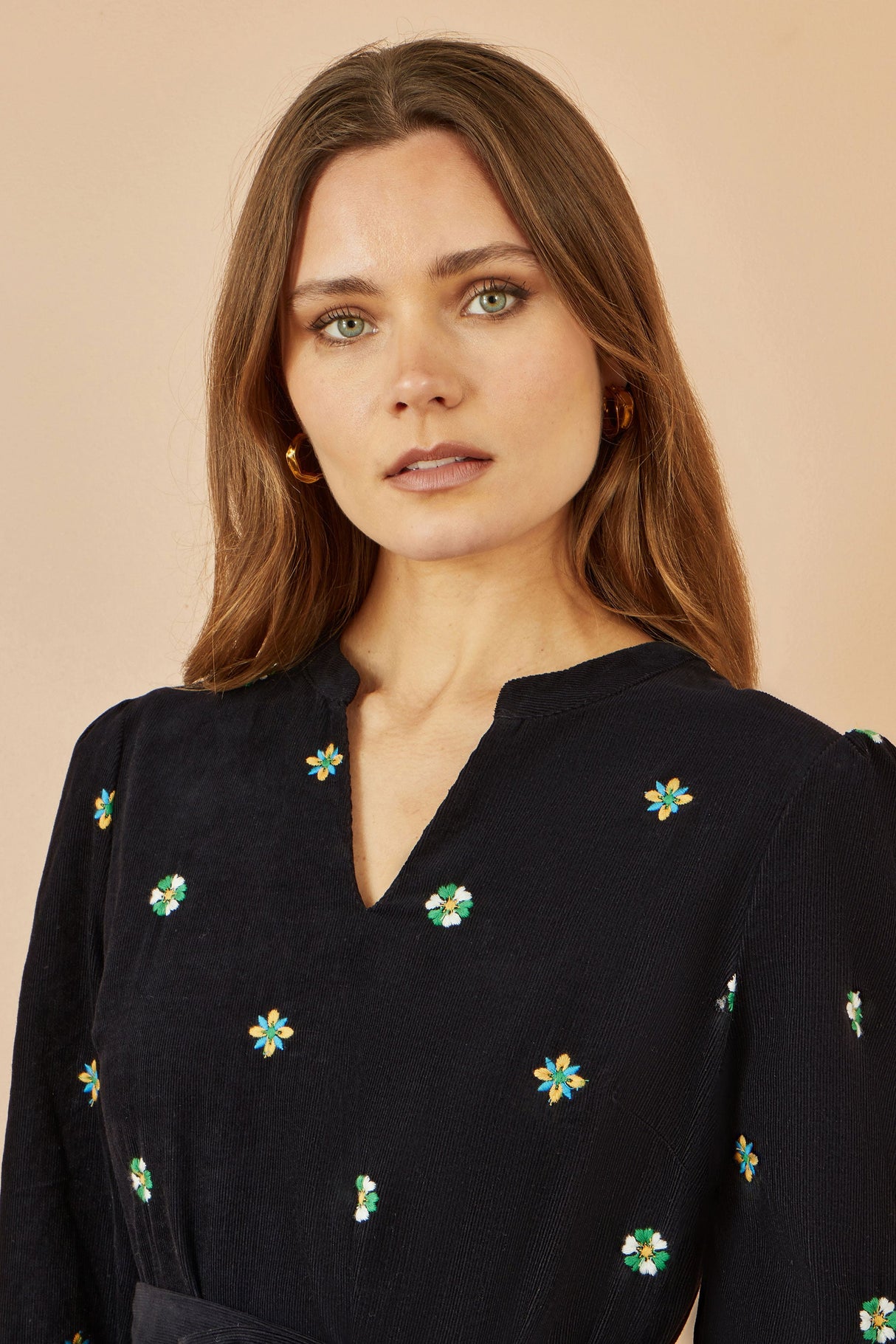 Yumi Black Flower Embroidery Midi Cord Dress