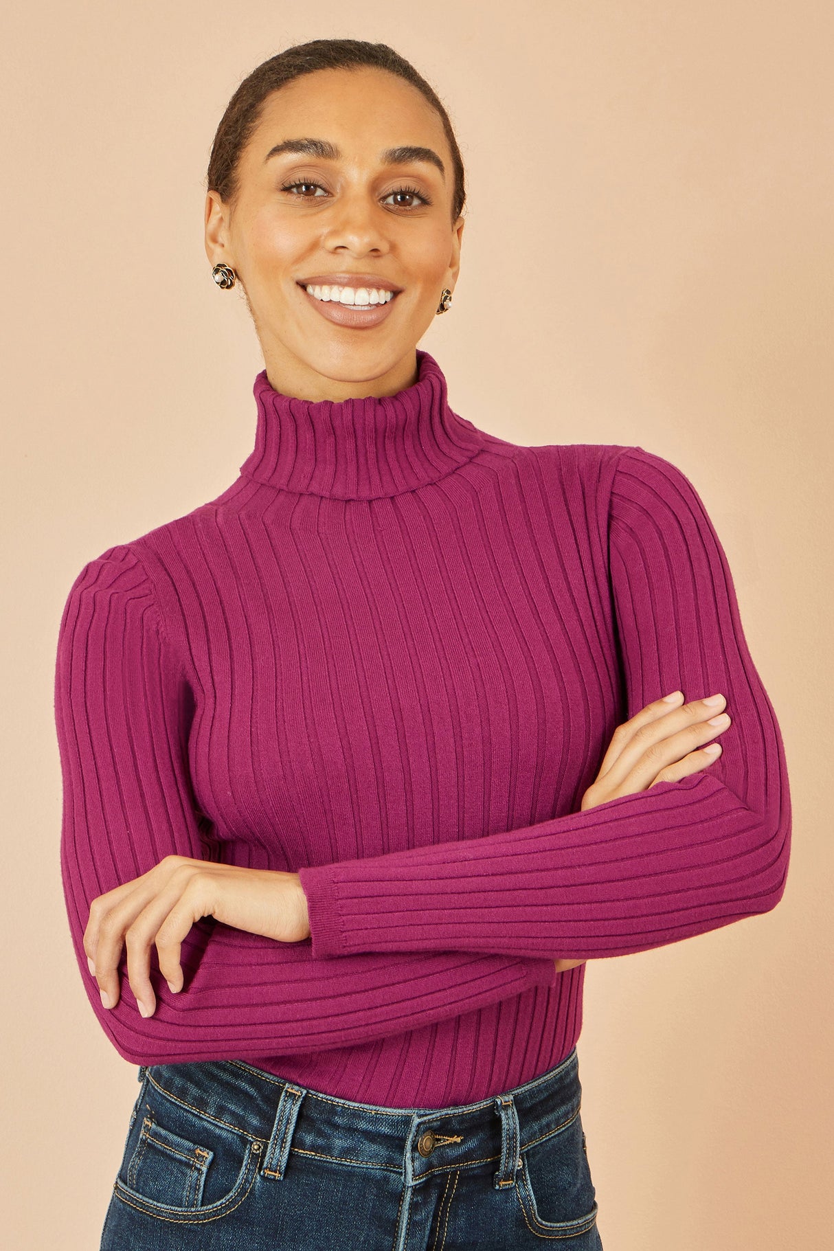 Yumi Plum Ribbed Knit Roll Neck Jumper