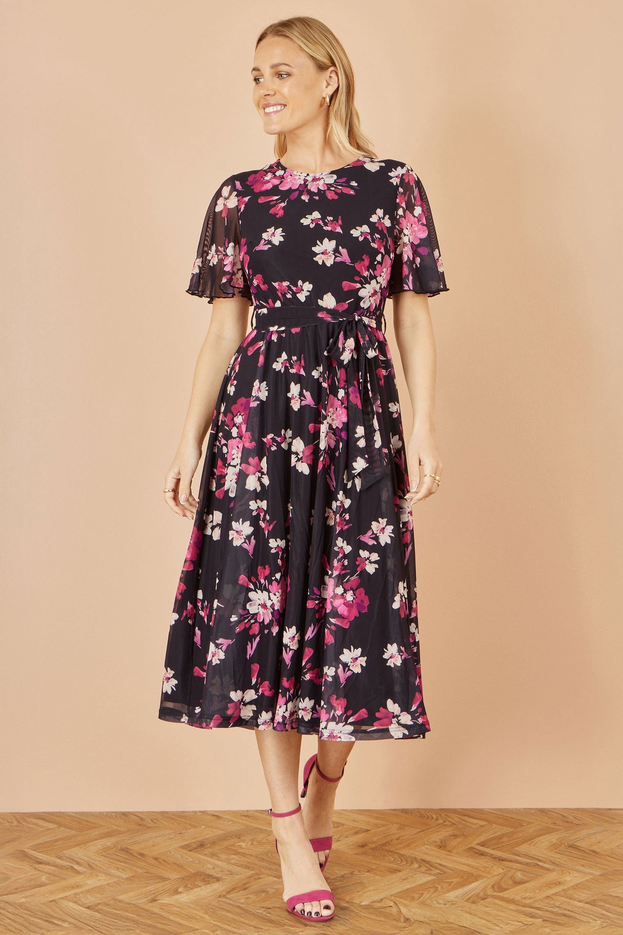 Yumi Black Mesh Skater Floral Midi Dress