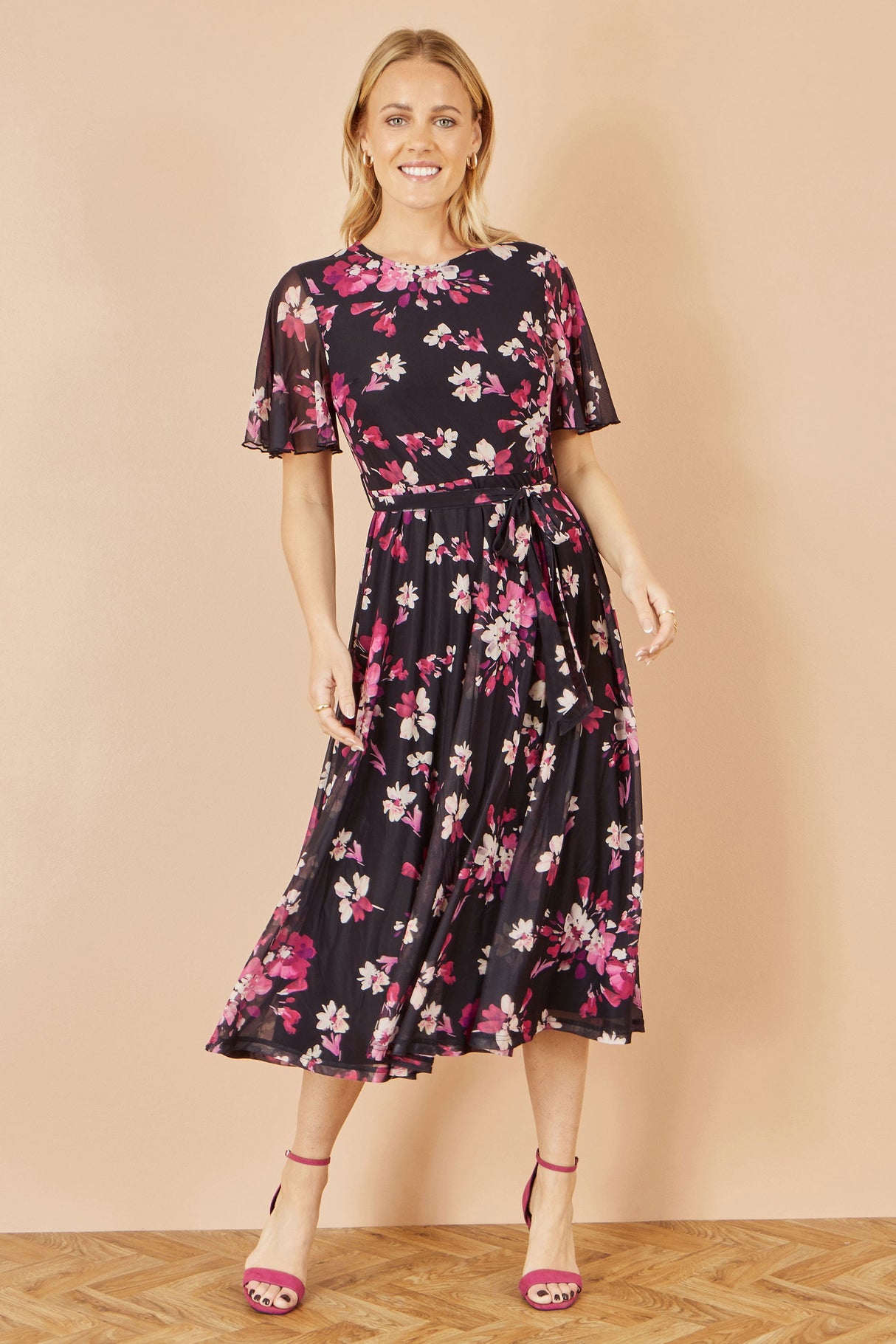Yumi Black Mesh Skater Floral Midi Dress
