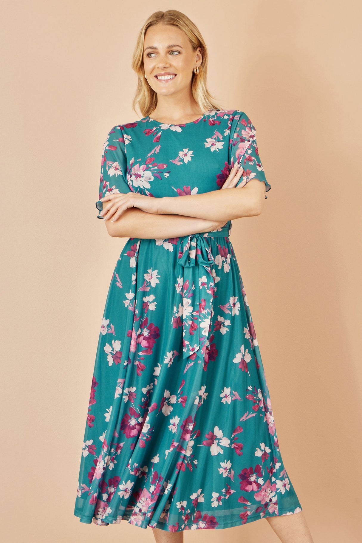 Yumi Teal Mesh Skater Floral Midi Dress