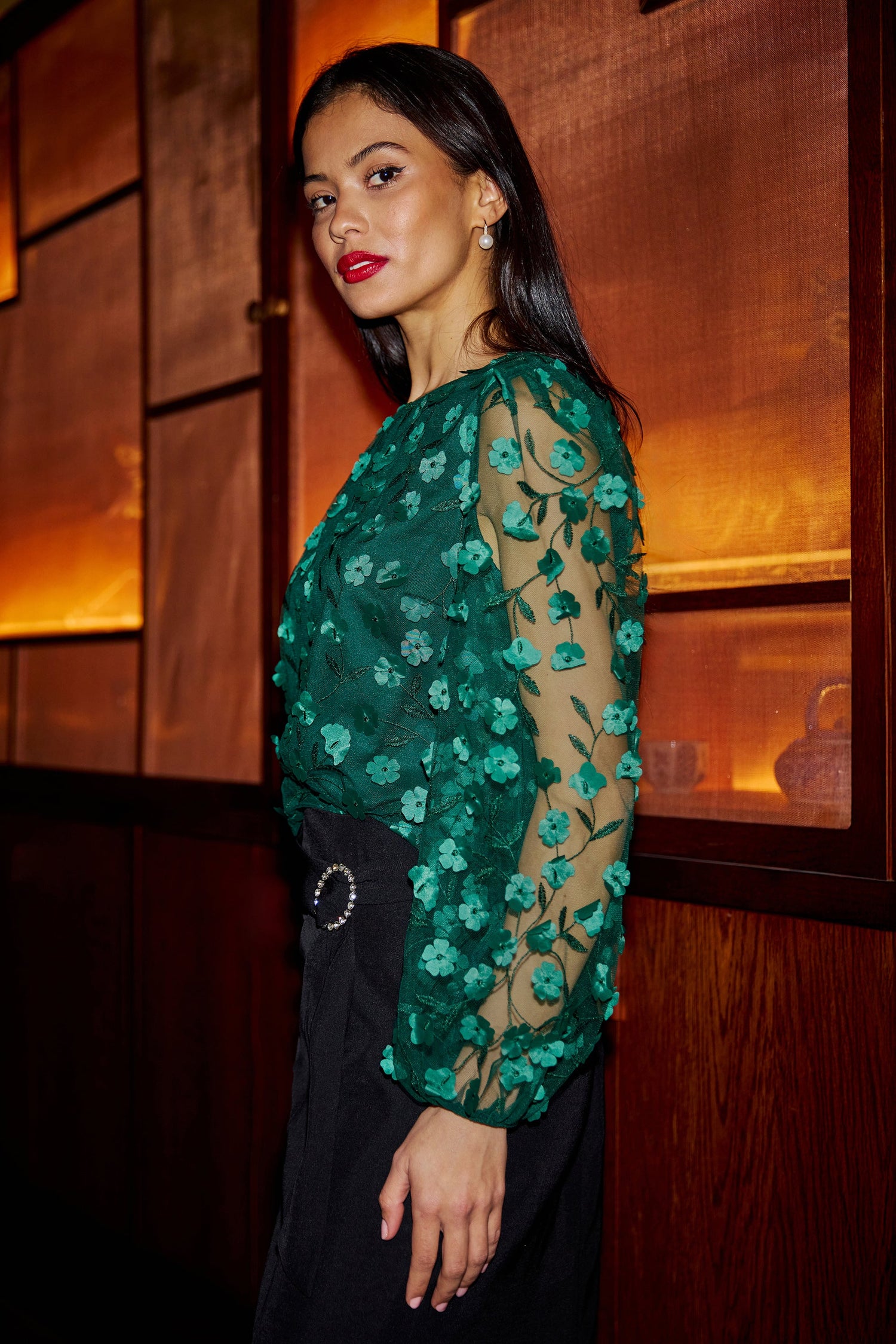 Yumi Green Sheer Sleeve Applique Flower Top