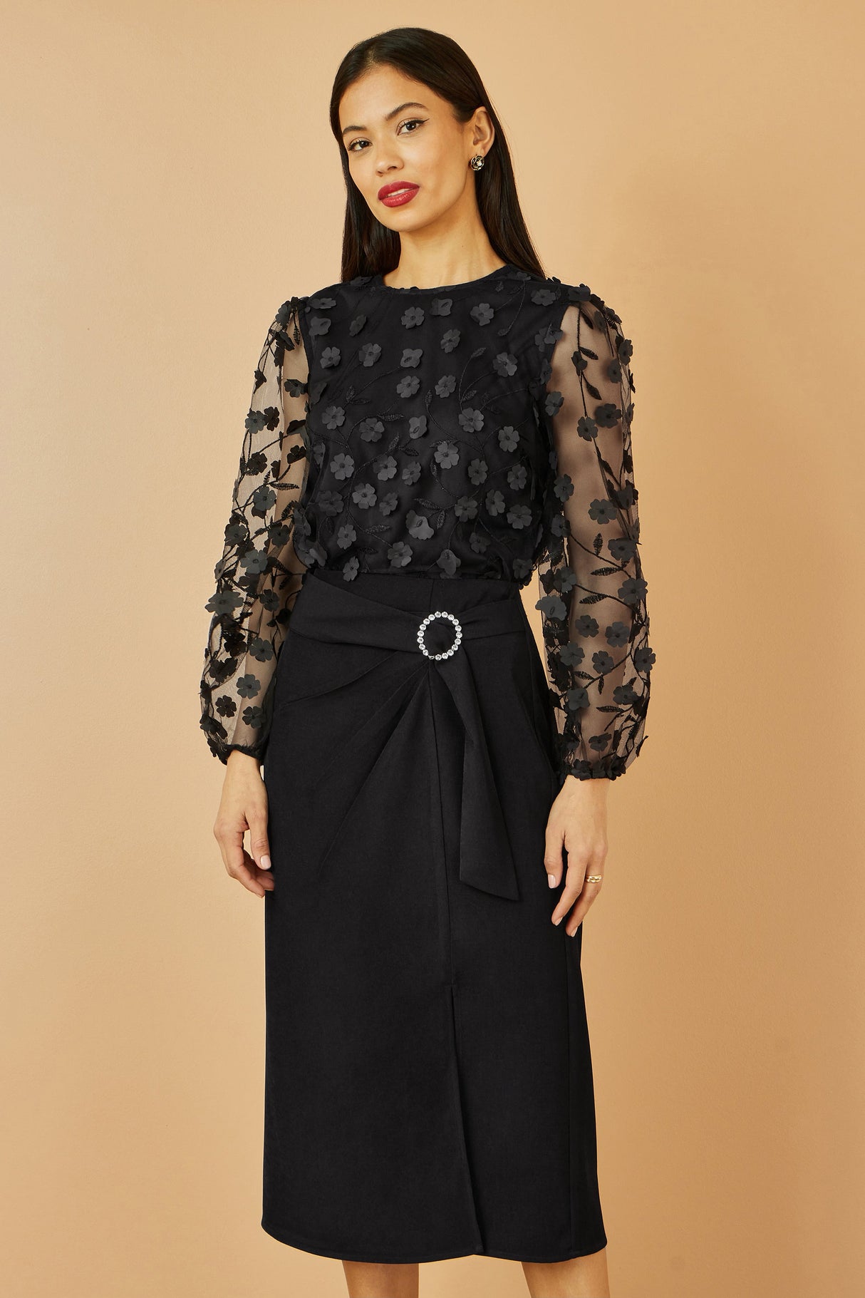 Yumi Black Sheer Sleeve Applique Flower Top