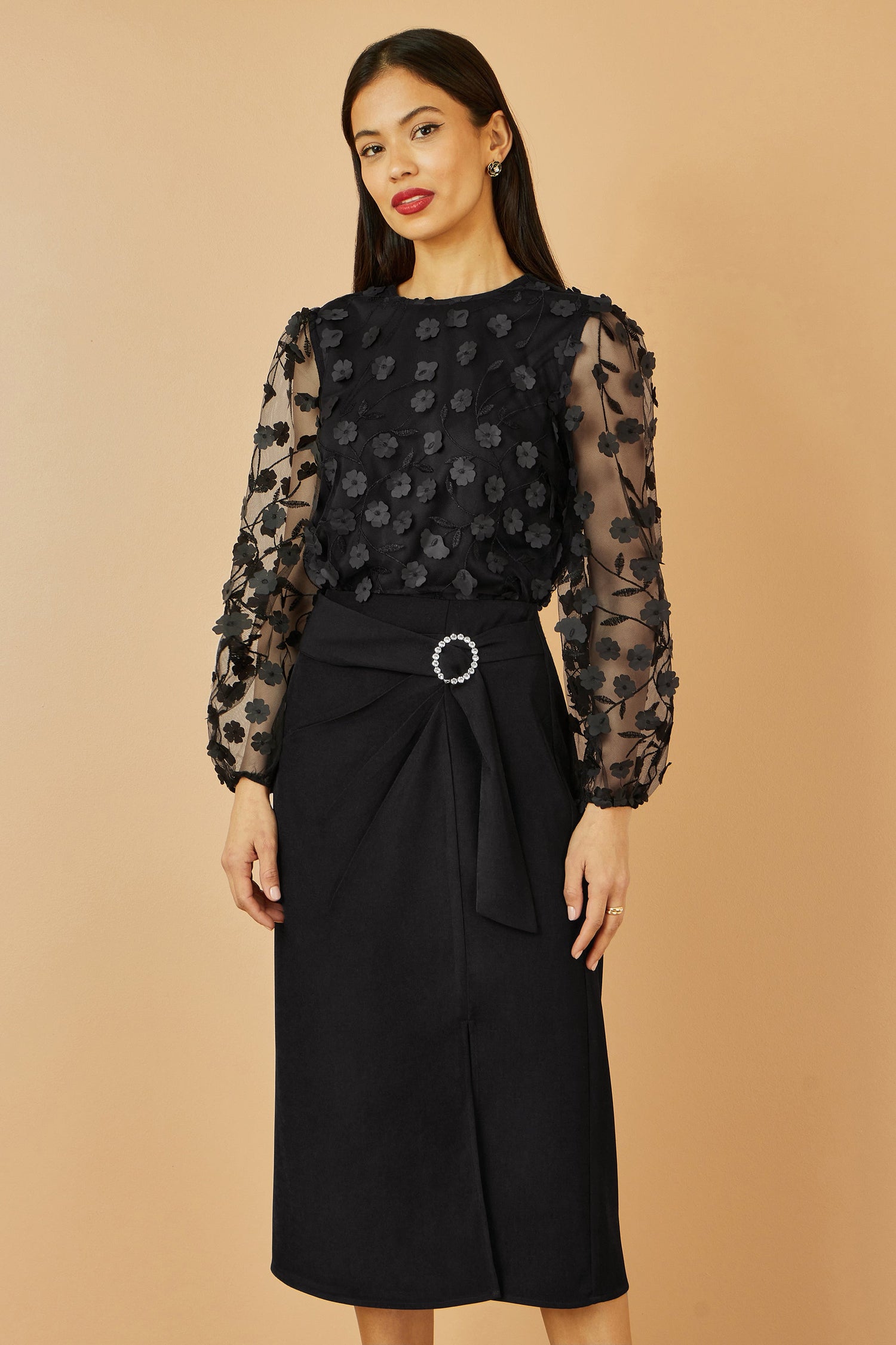 Yumi Black Sheer Sleeve Applique Flower Top