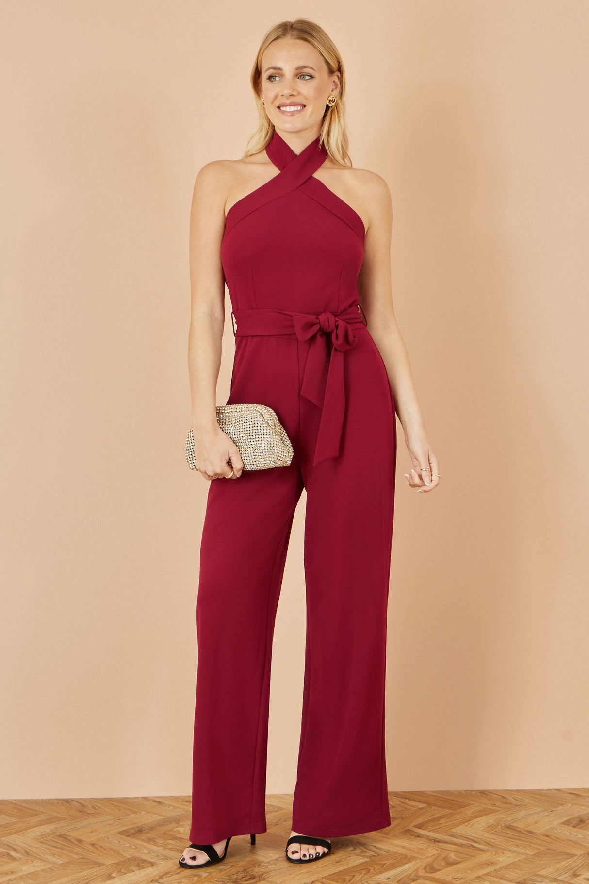 Yumi Burgundy Cross Over Halter Neck Jumpsuit