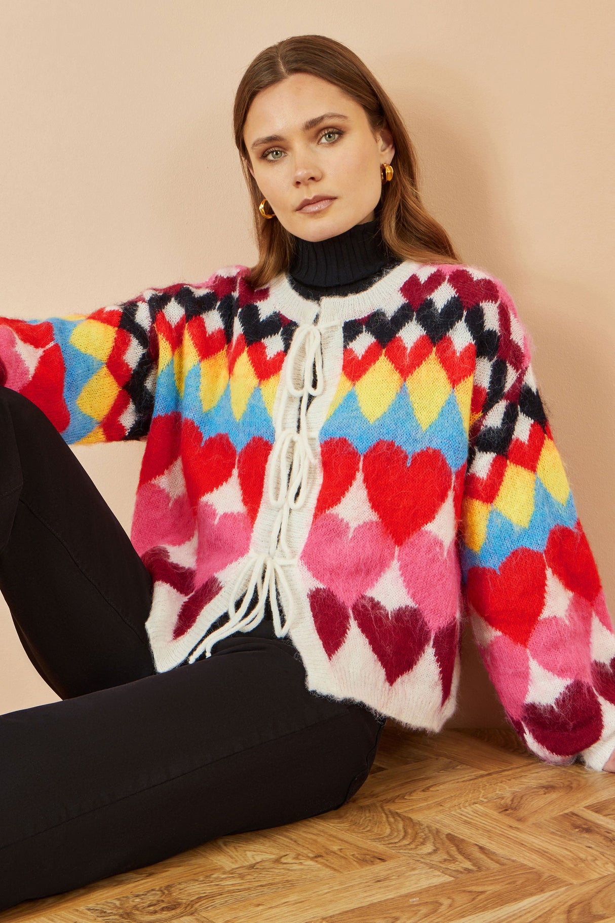 Yumi Multicolour Tie Front Heart Intarsia Cardigan