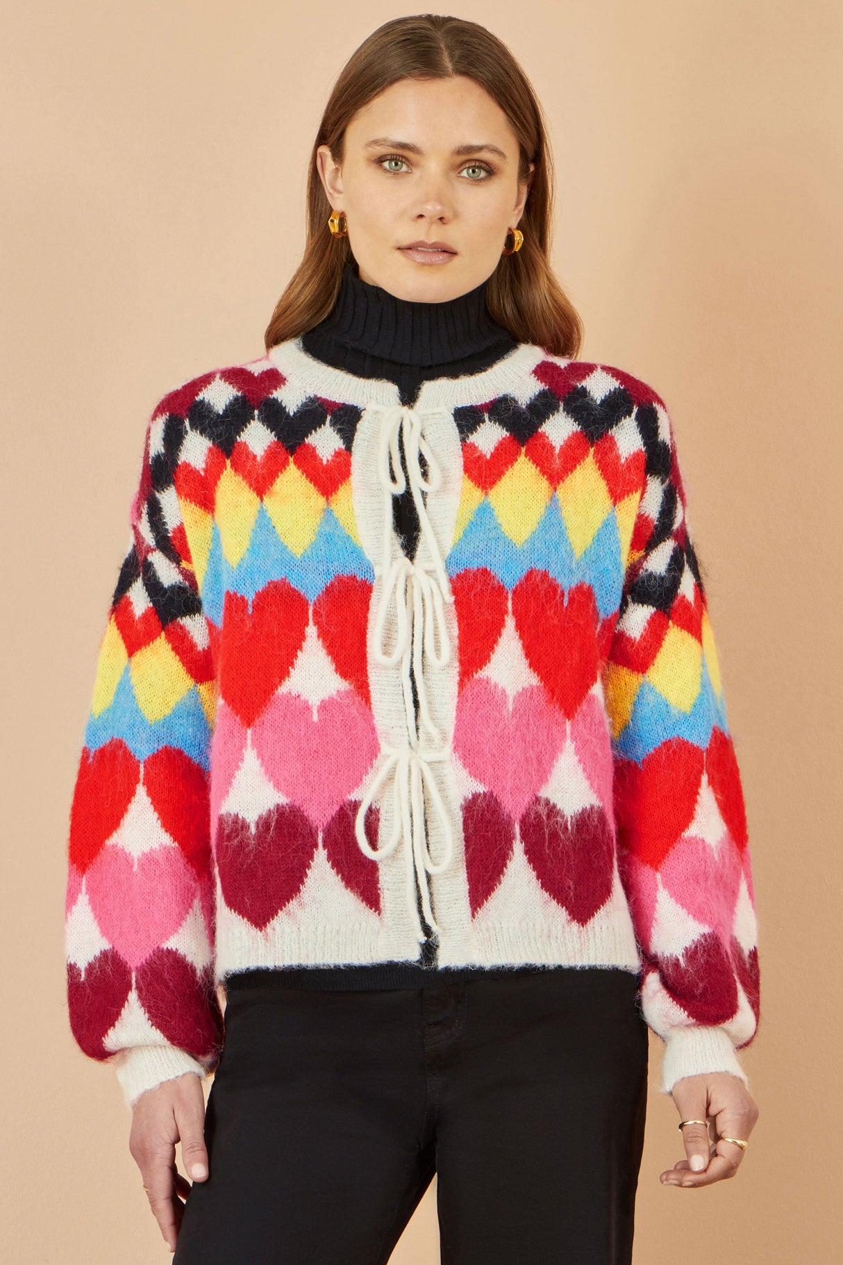 Yumi Multicolour Tie Front Heart Intarsia Cardigan