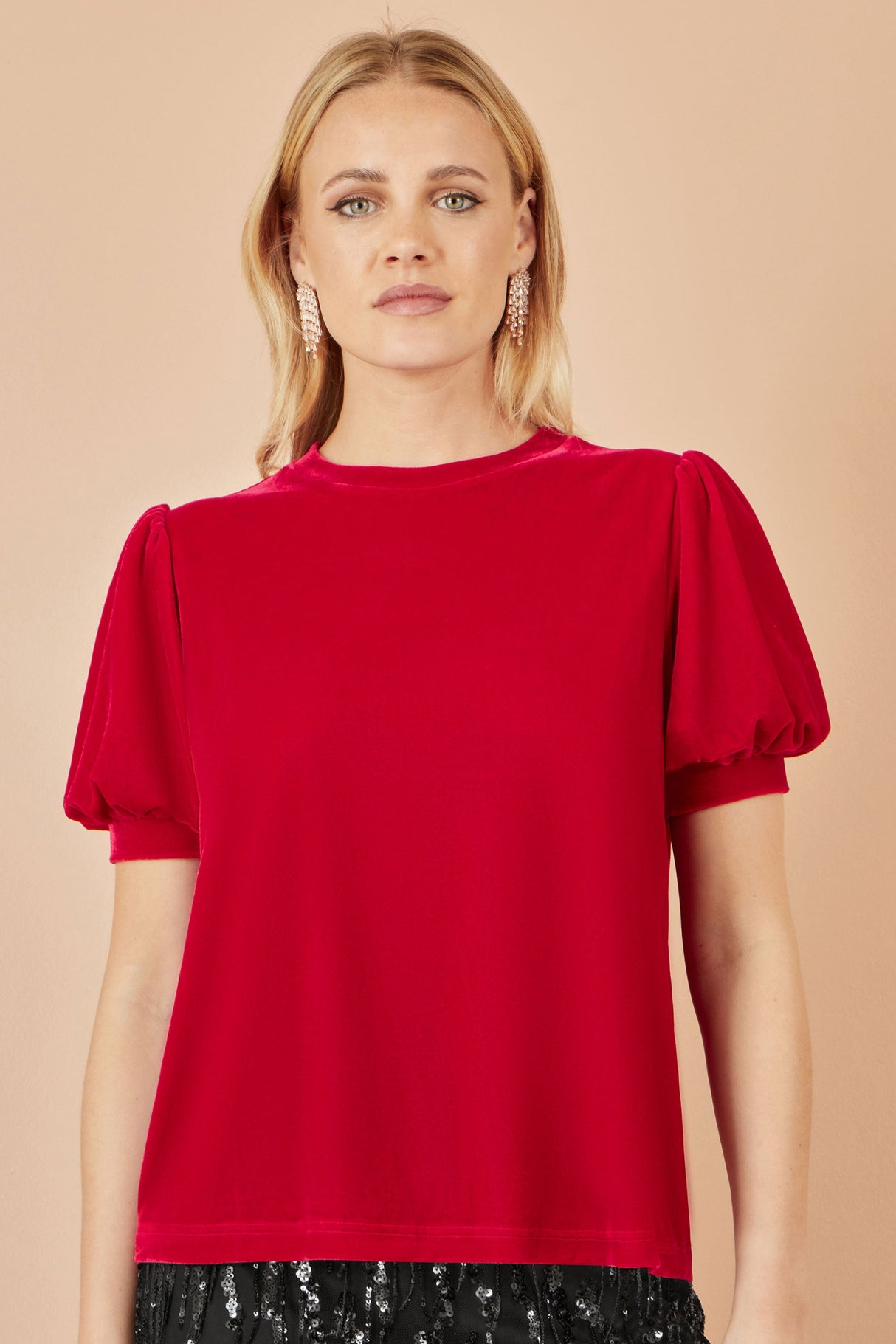 Yumi Red Velvet Puff Sleeve Top
