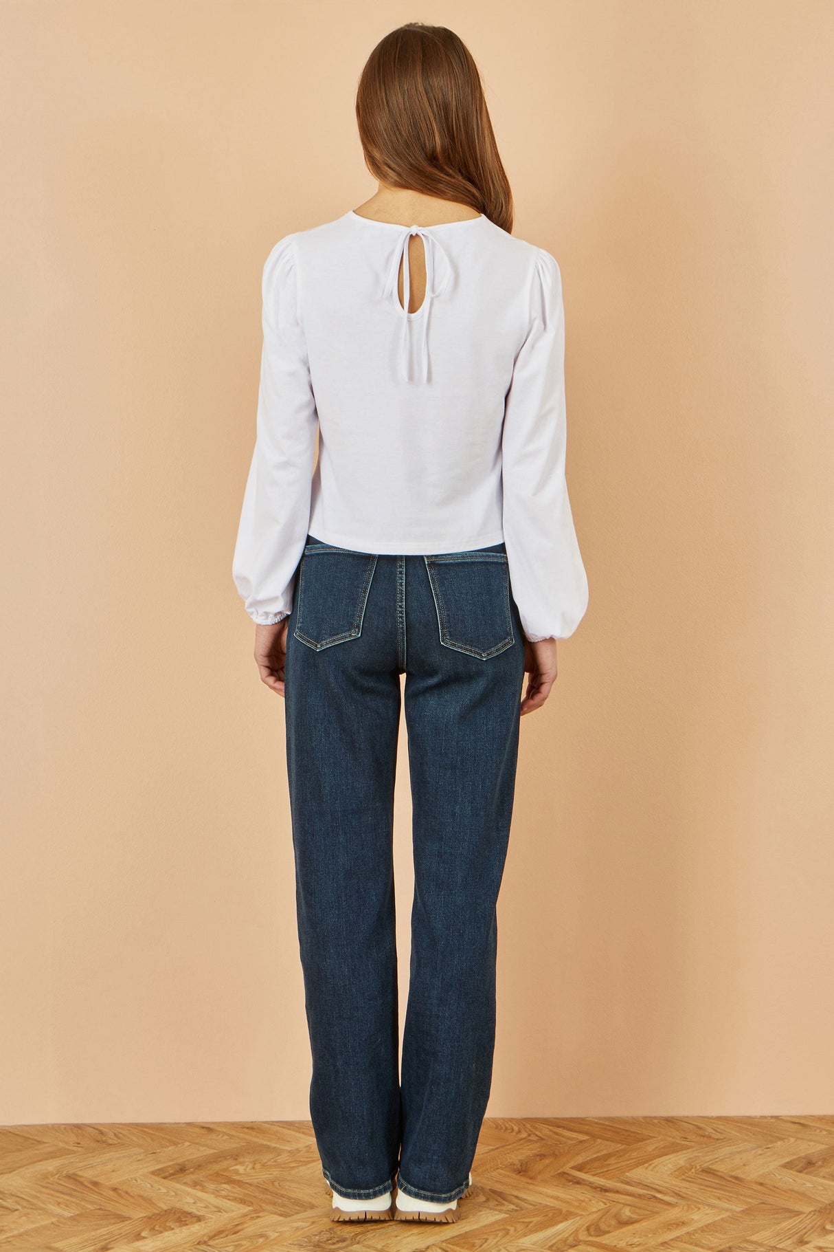 Yumi White Stretch Cotton Jersey Long Sleeve Top