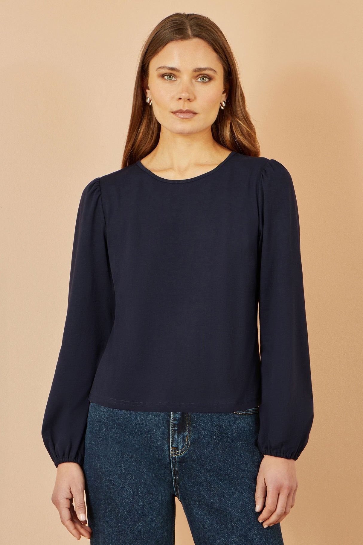 Yumi Navy Stretch Cotton Jersey Long Sleeve Top