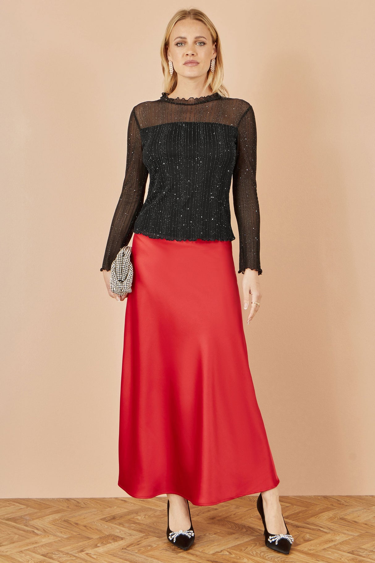 Yumi Black Sparkle Print Mesh Stretch Fitted Top