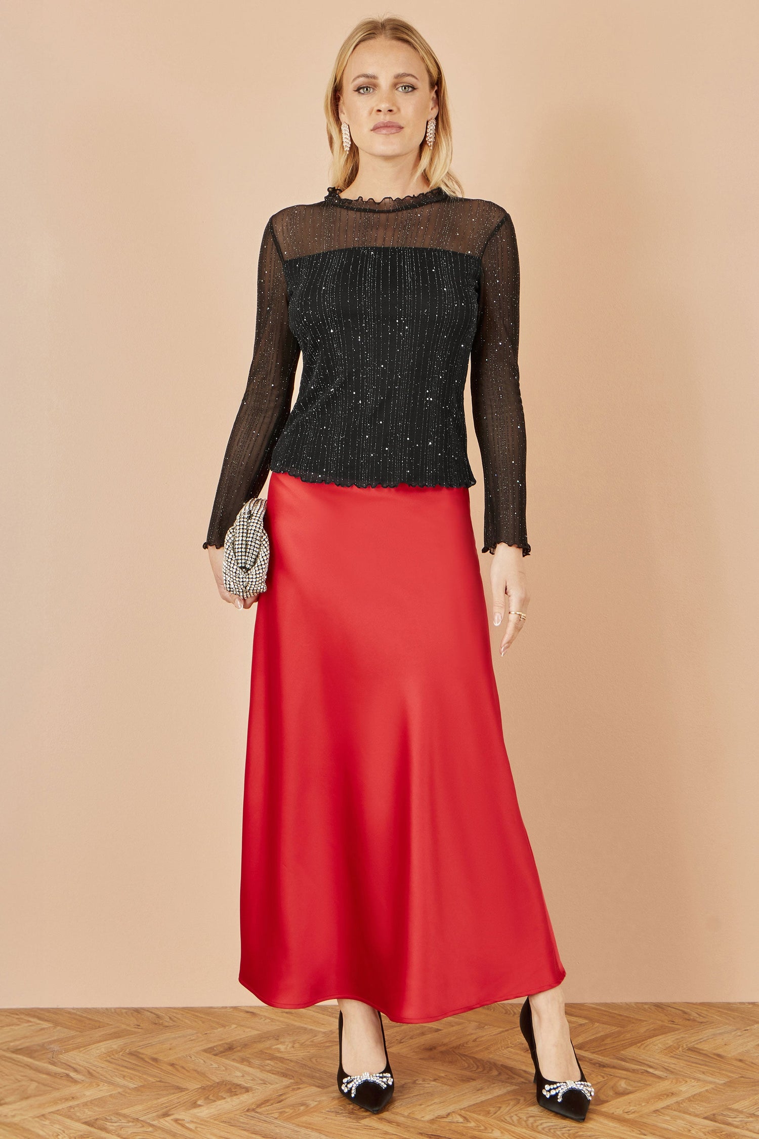 Yumi Black Sparkle Print Mesh Stretch Fitted Top