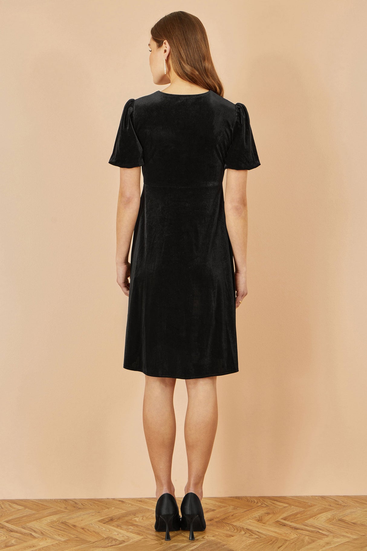 Yumi Black Velvet Skater Dress With Dimante Bow Detail