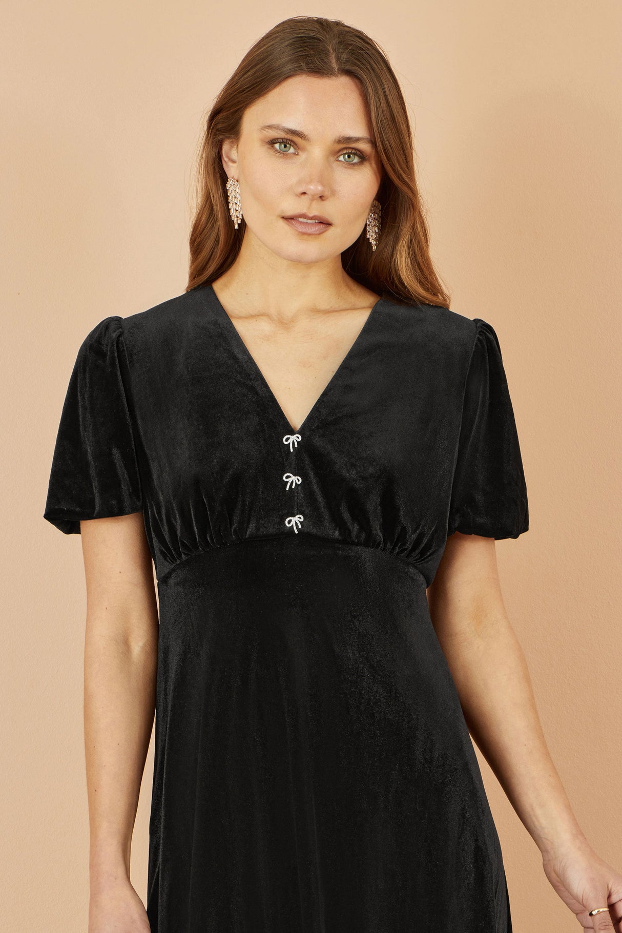 Yumi Black Velvet Skater Dress With Dimante Bow Detail