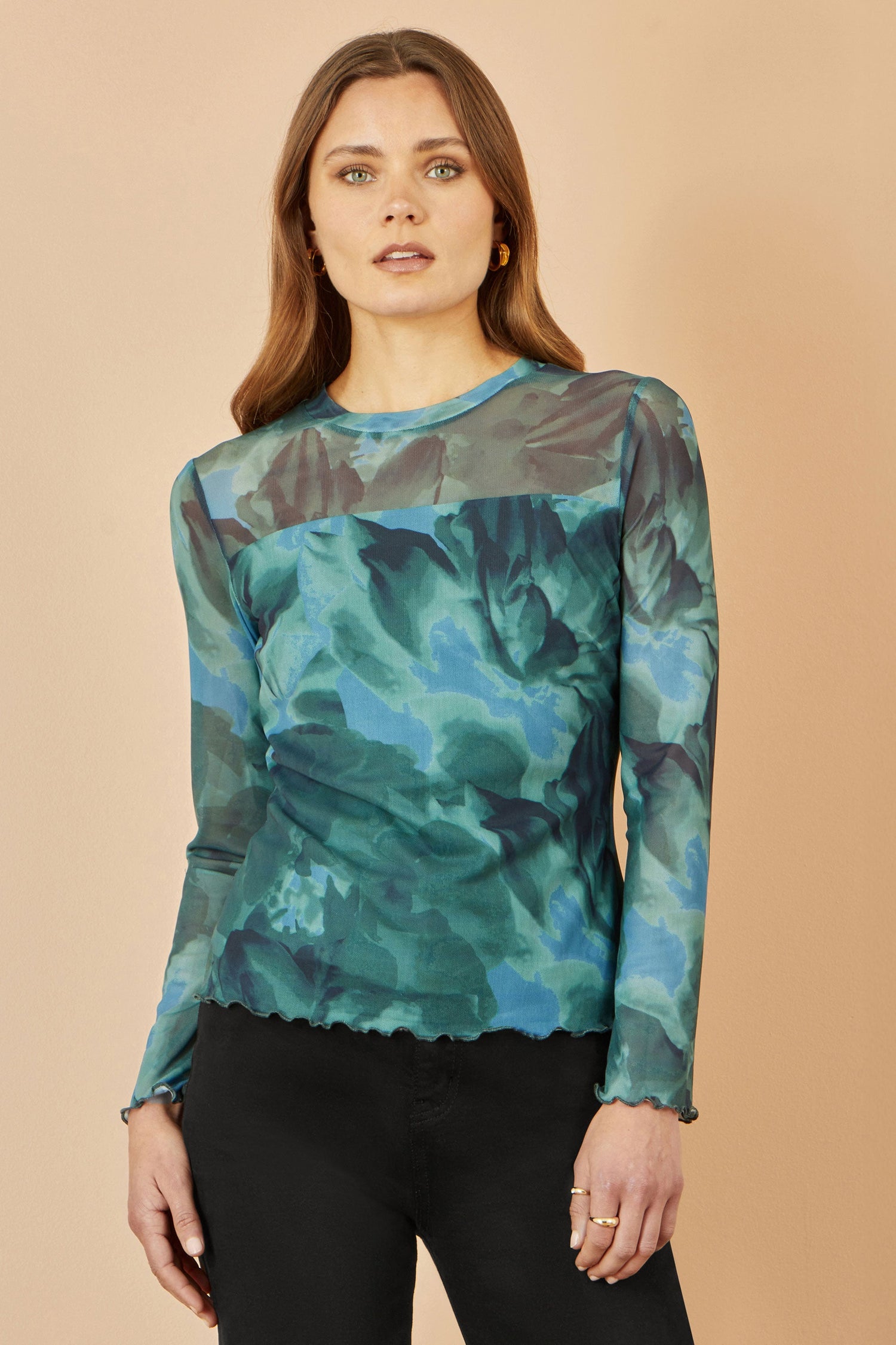 Yumi Green Floral Mesh Top