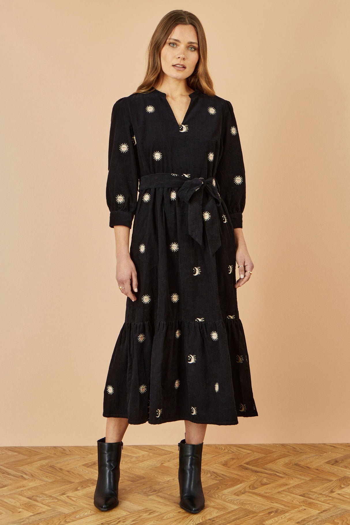 Yumi Black Cosmic Embroidery Cord Midi Shirt Dress
