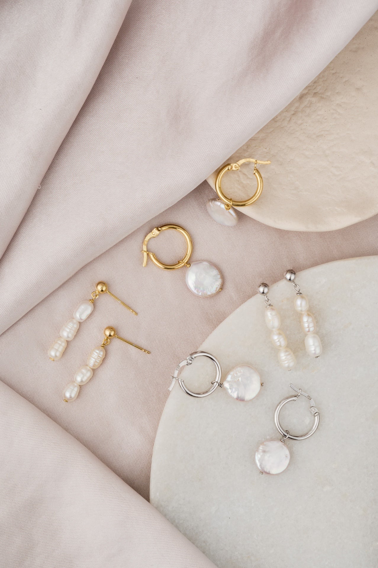 Round Pearl Drop Hoops: Silver
