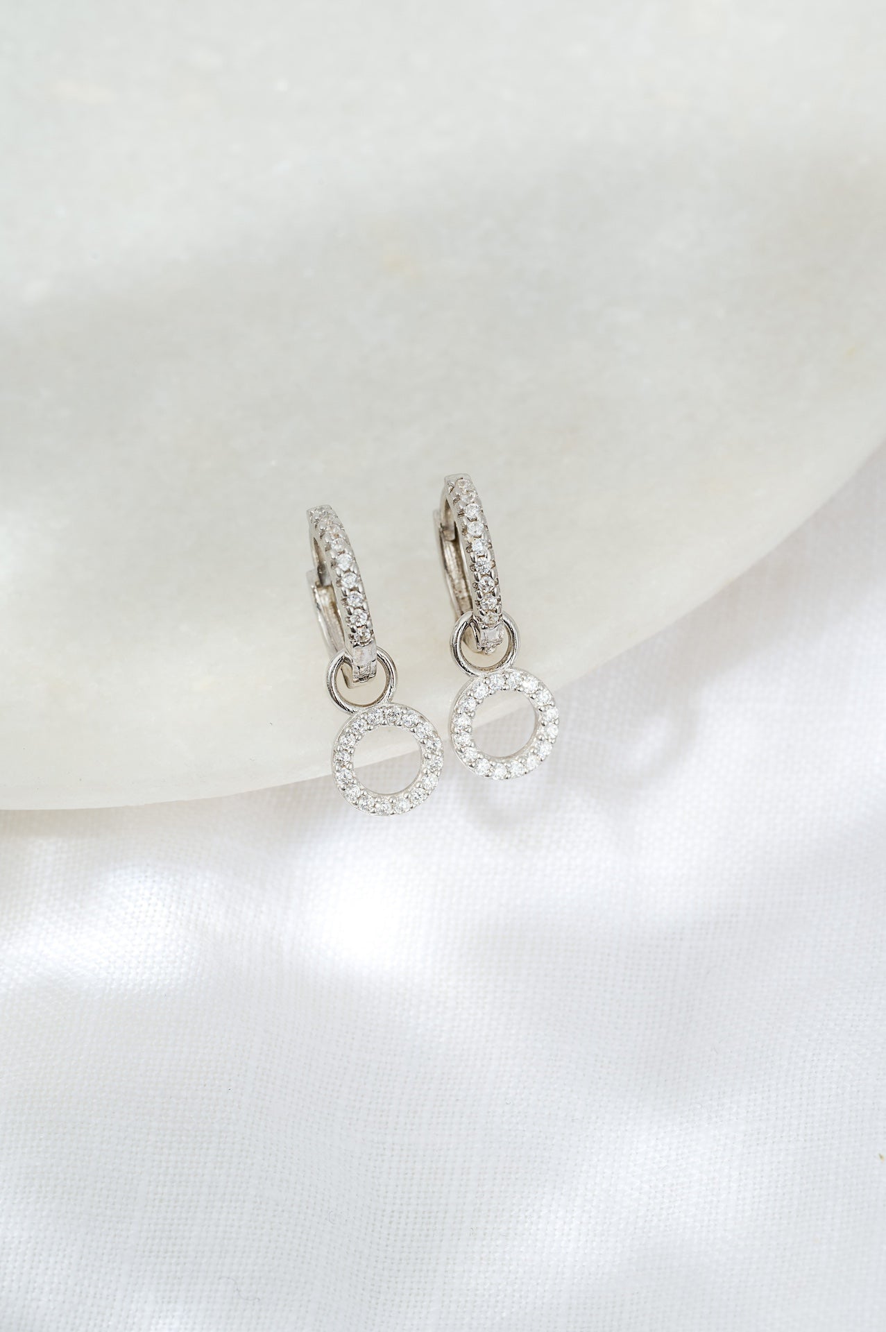 Circle Drop Hoop Huggie Earrings: Silver
