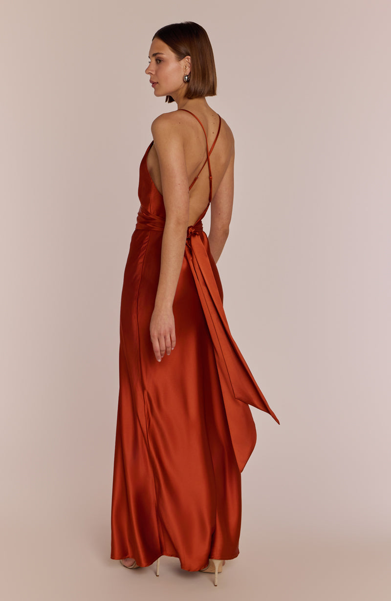 Brooklyn Dress in Burnt Orange Satin