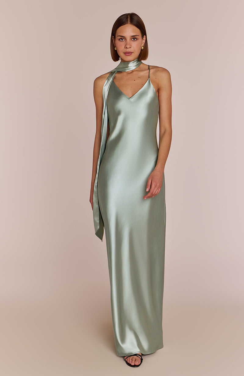 Brooklyn Dress in Sage Green Satin
