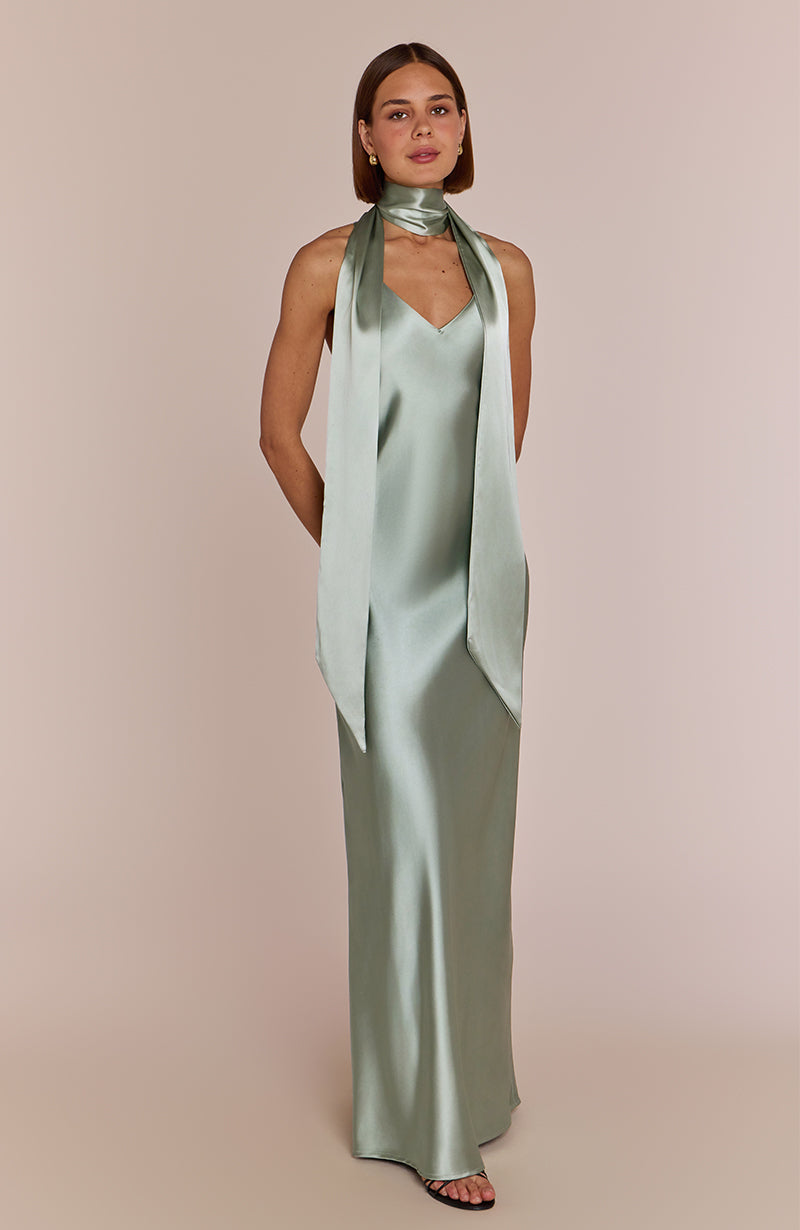 Brooklyn Dress in Sage Green Satin