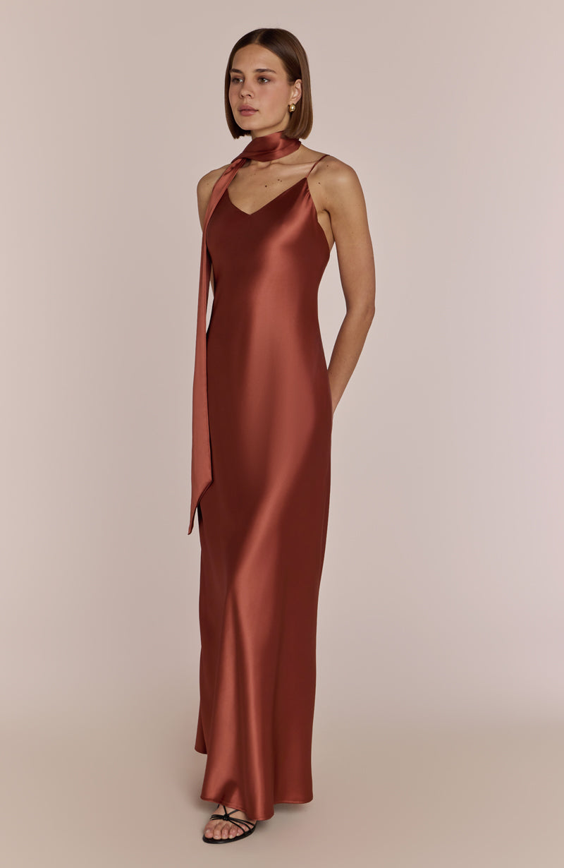 Brooklyn Dress in Terracotta Satin
