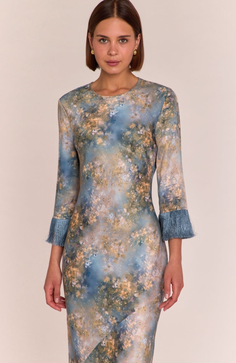 Dolly Fringe Sleeve Dress in Blue Print