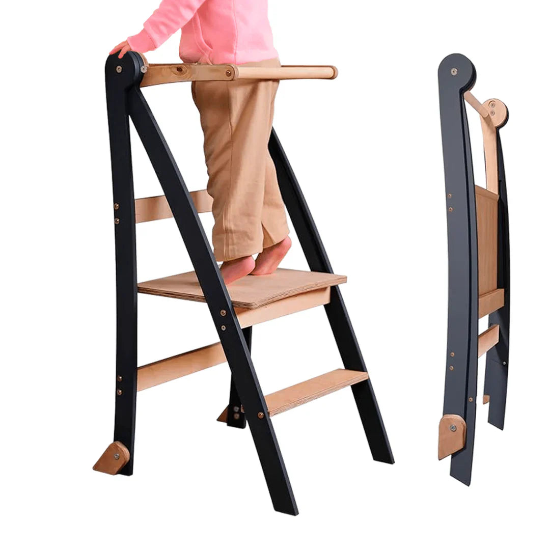 Folding Growing Chair – Montessori Step Stool With Safety Rails for Toddlers – Graphite