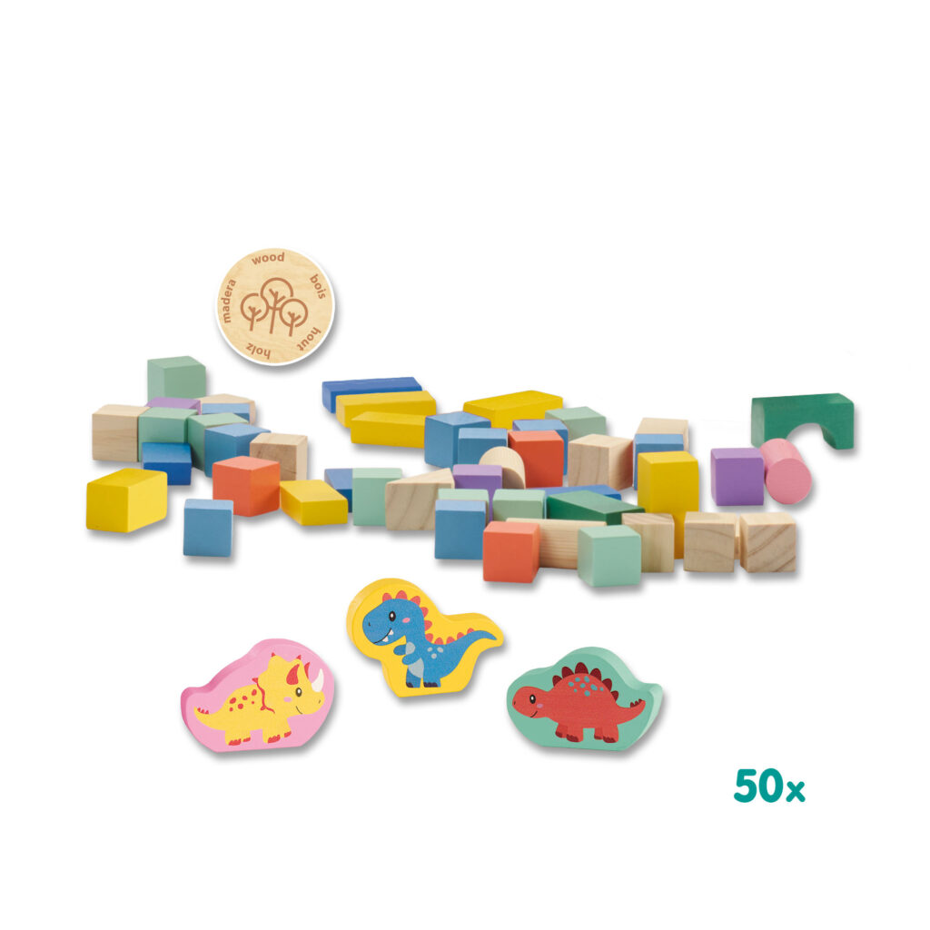 Wooden Building Blocks Dinos - 50pcs Bucket
