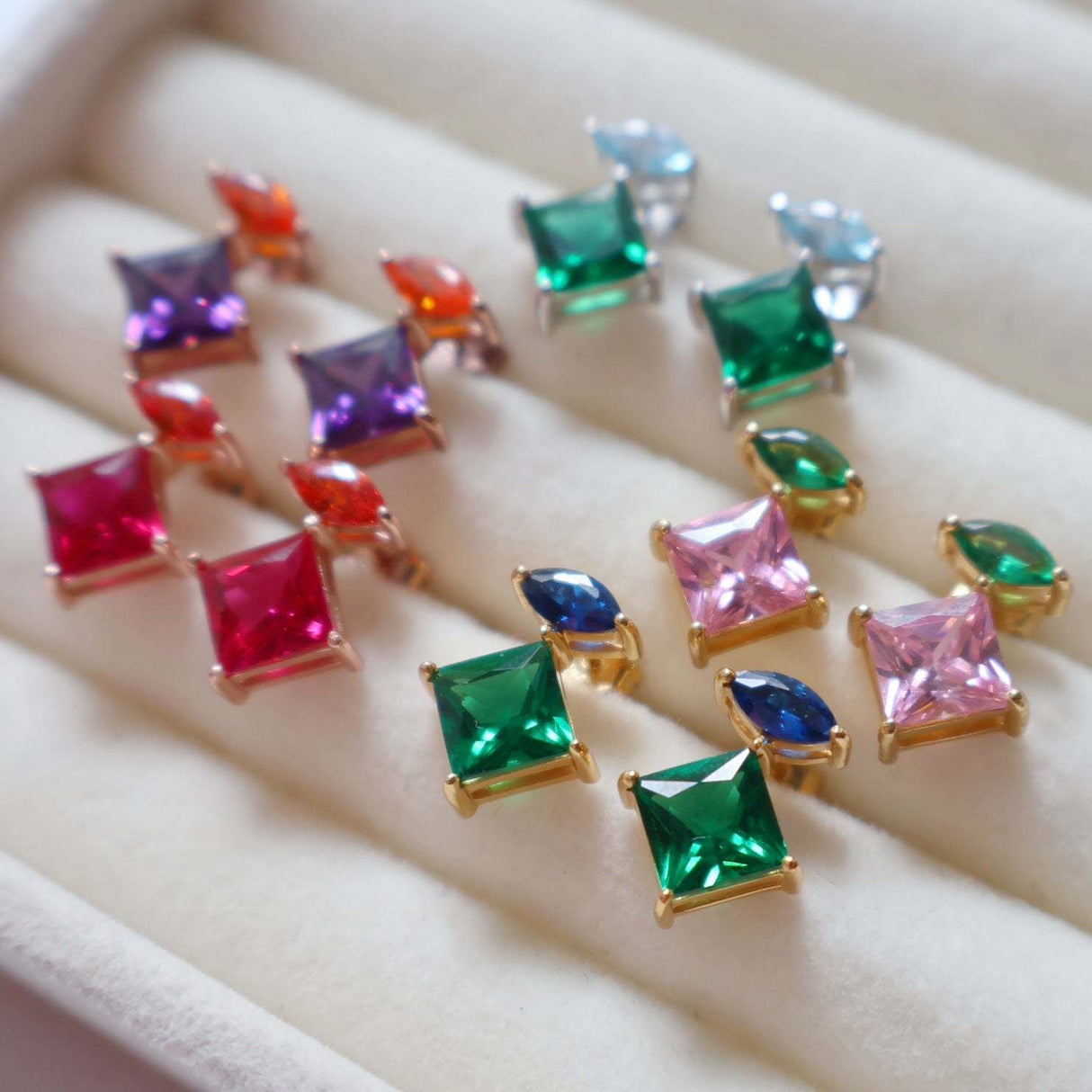 Esme Stud Earrings, Sapphire Blue, Emerald Green & Gold