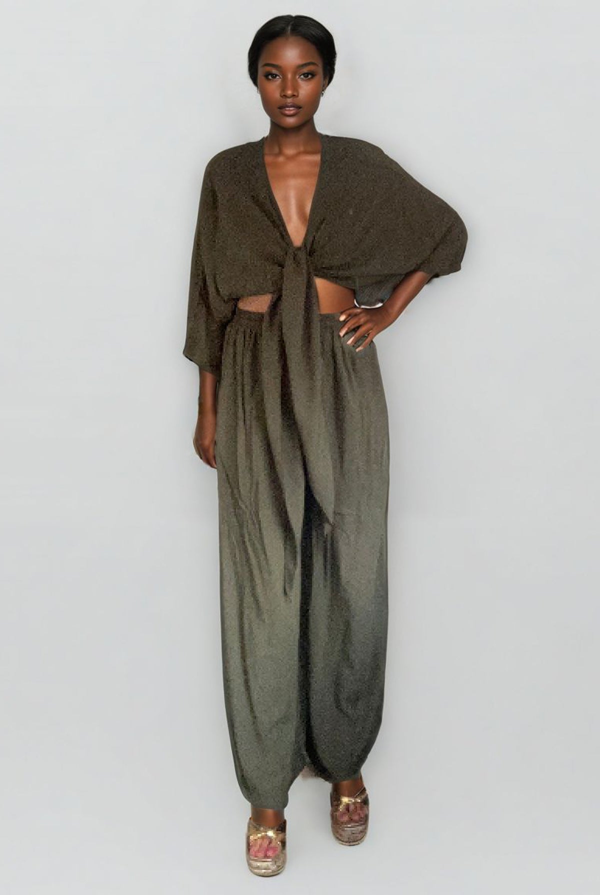 Tye Front Two Piece Set Khaki