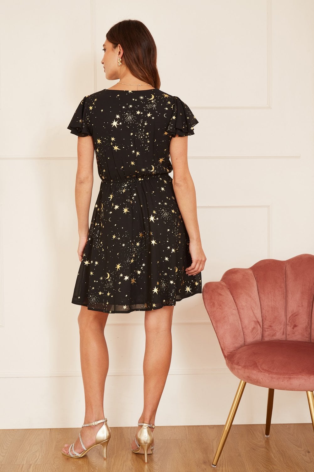 Mela Black Foil Star Print Wrap Skater Dress