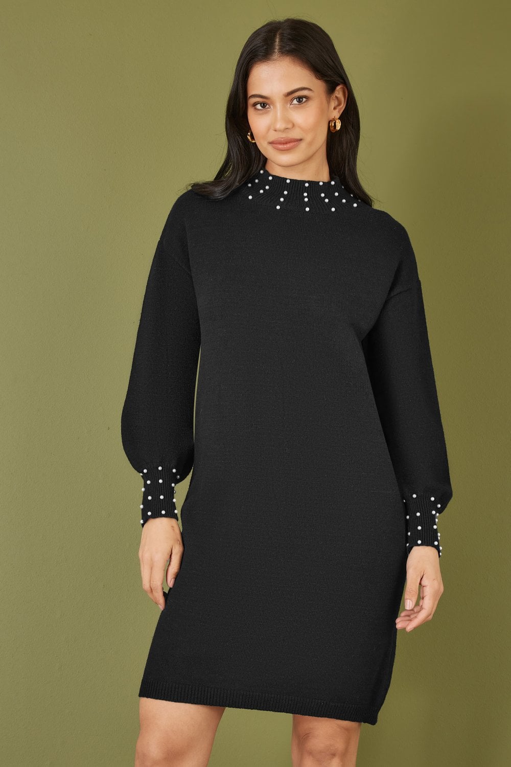 Mela Black Pearl Detail Knitted Relaxed Jumper Dress