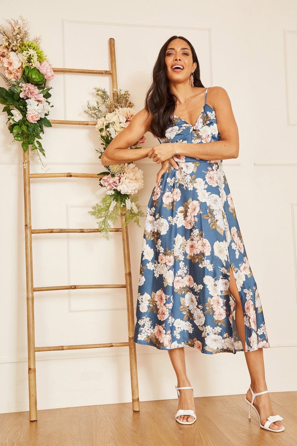 Mela Blue Floral Satin Twist Front Midi Dress