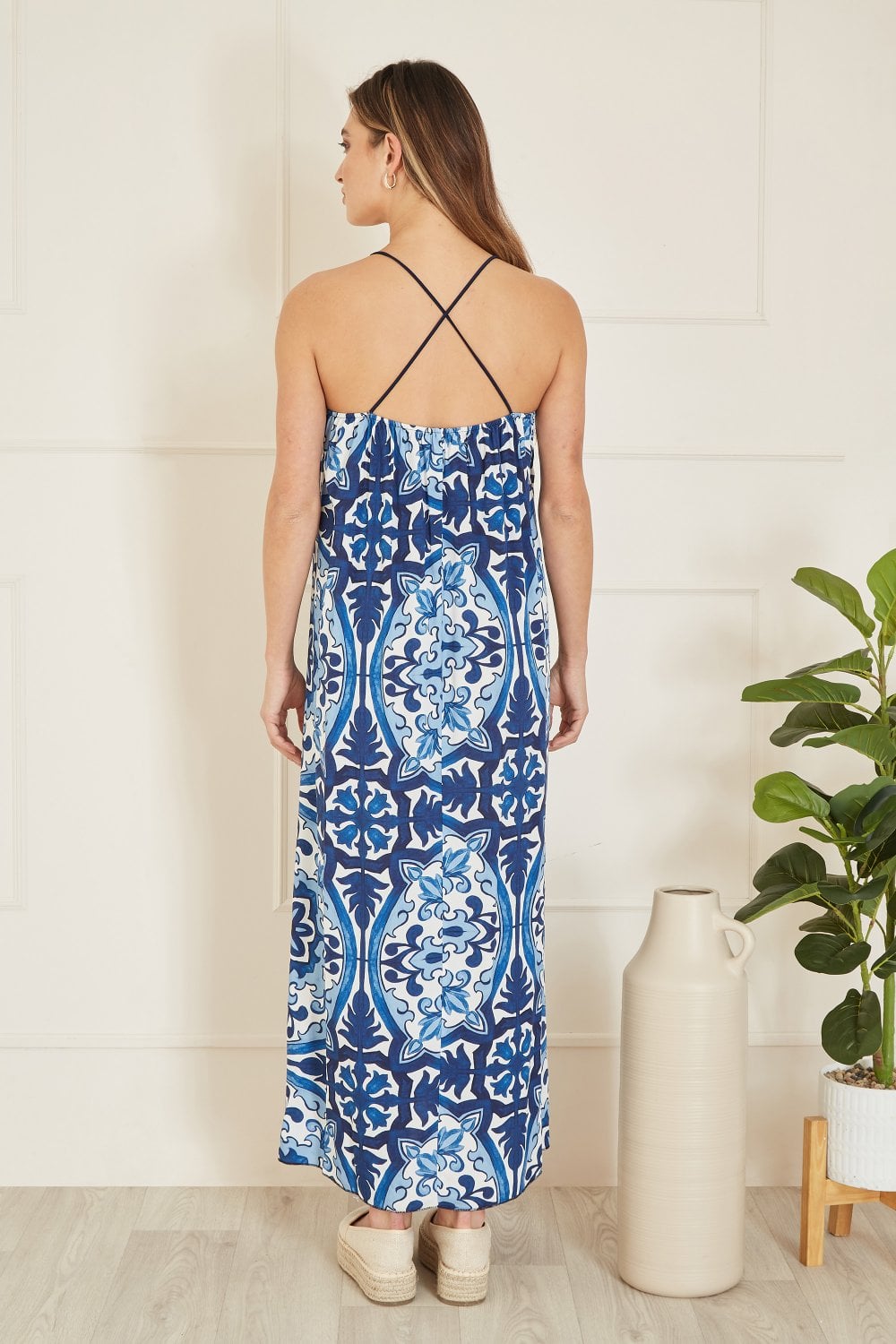 Mela Blue Tile Print Maxi Dress With Side Split Hem