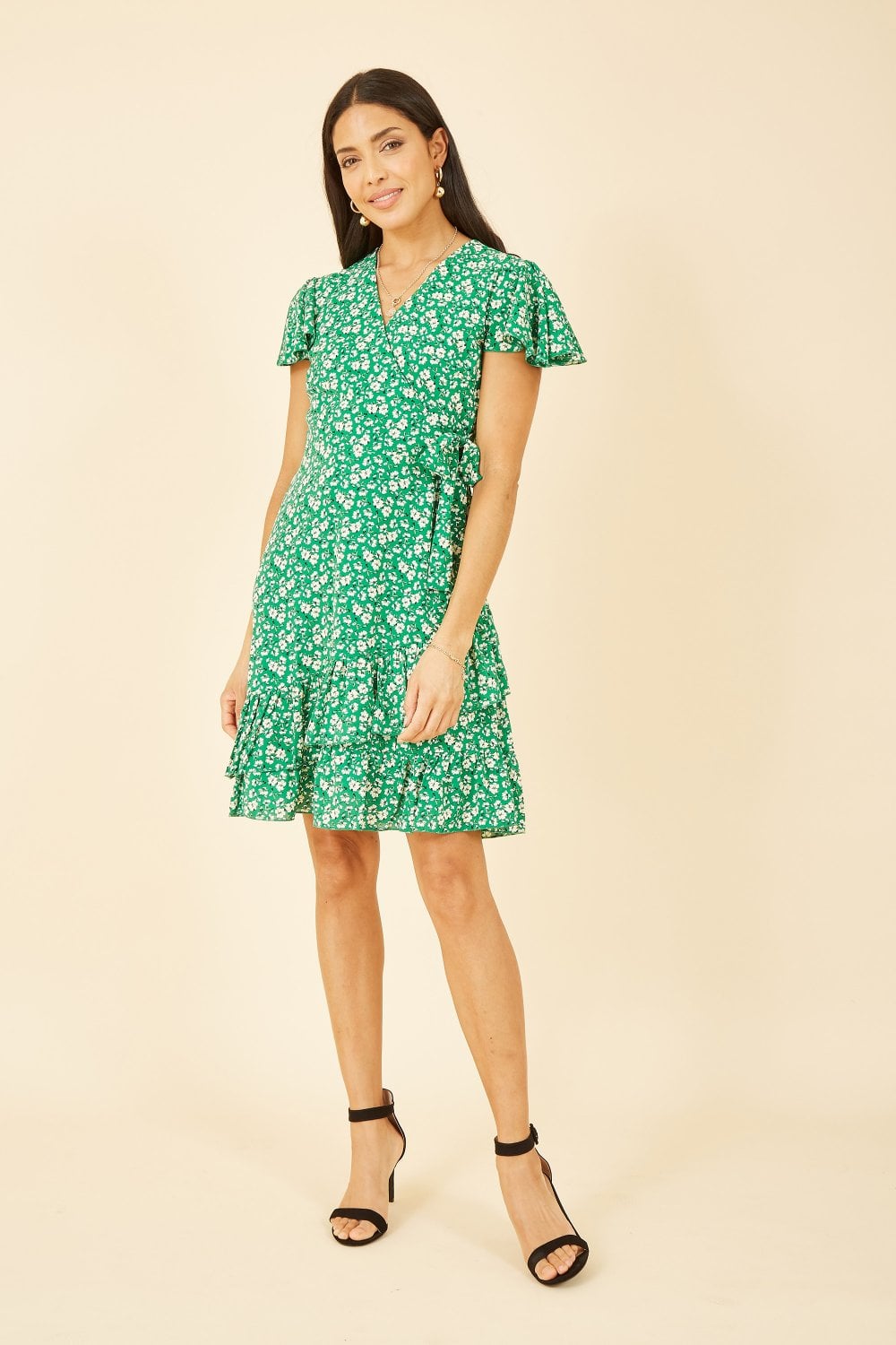 Mela Green Ditsy Floral Wrap Frill Dress