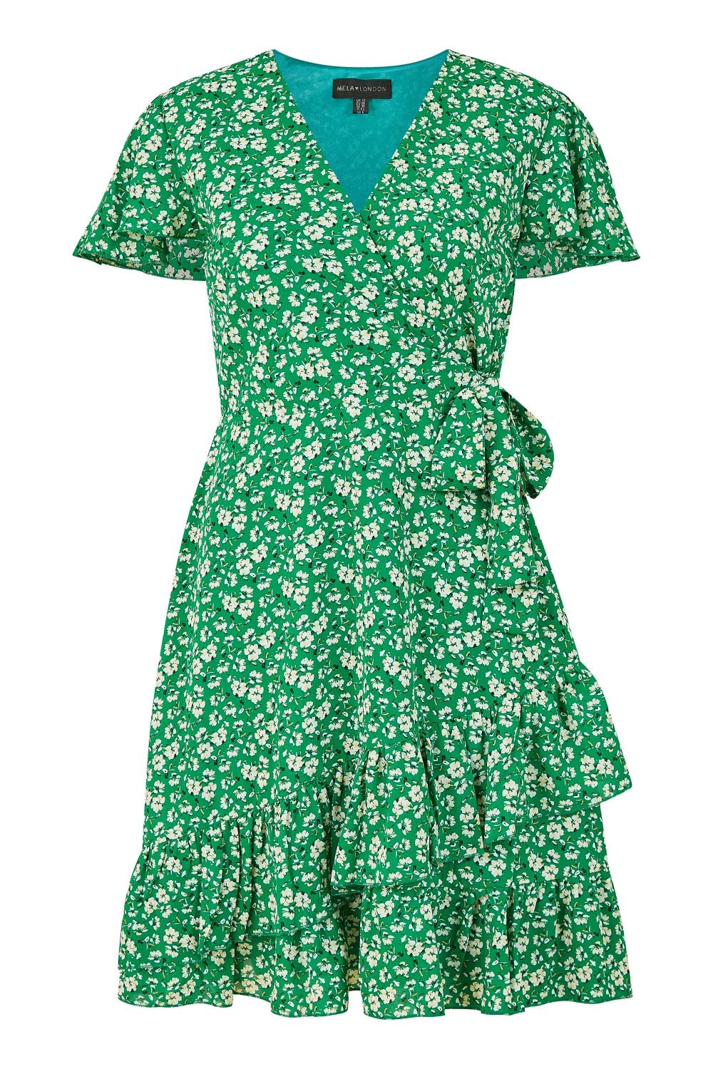 Mela Green Ditsy Floral Wrap Frill Dress