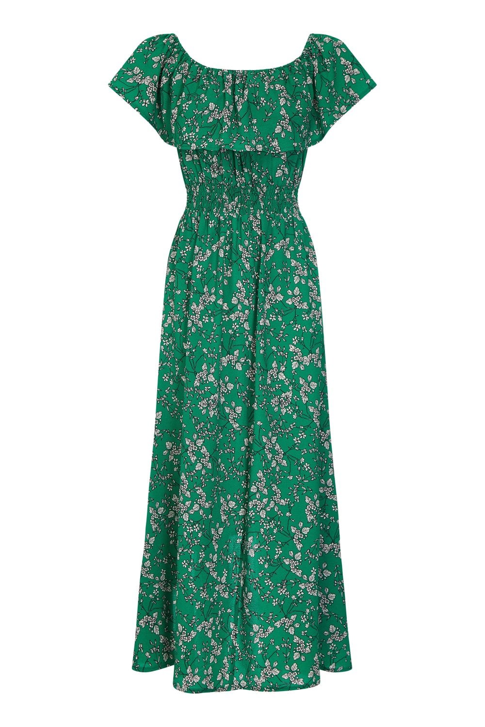 Mela Green Ditsy Print Bardot Dipped Hem Dress