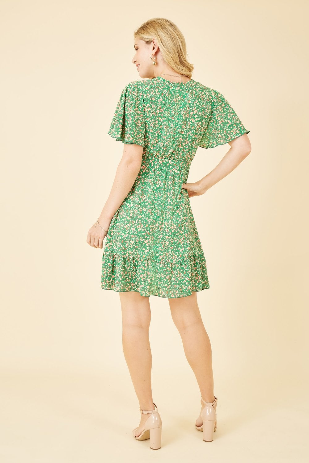 Mela Green Ditsy Print Wrap Front Skater Dress