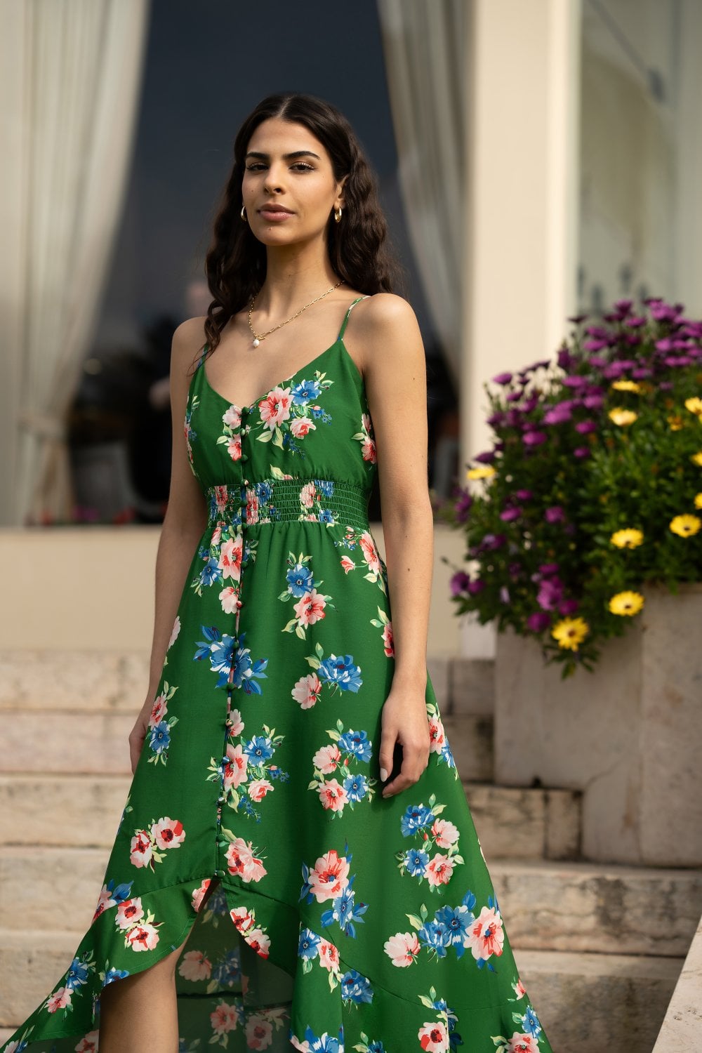 Mela Green Floral High Low Frill Midi Dress