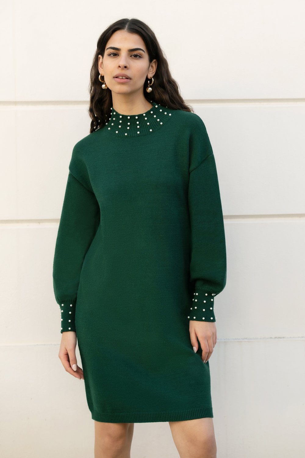 Mela Green Pearl Detail Knitted Relaxed Jumper Dress